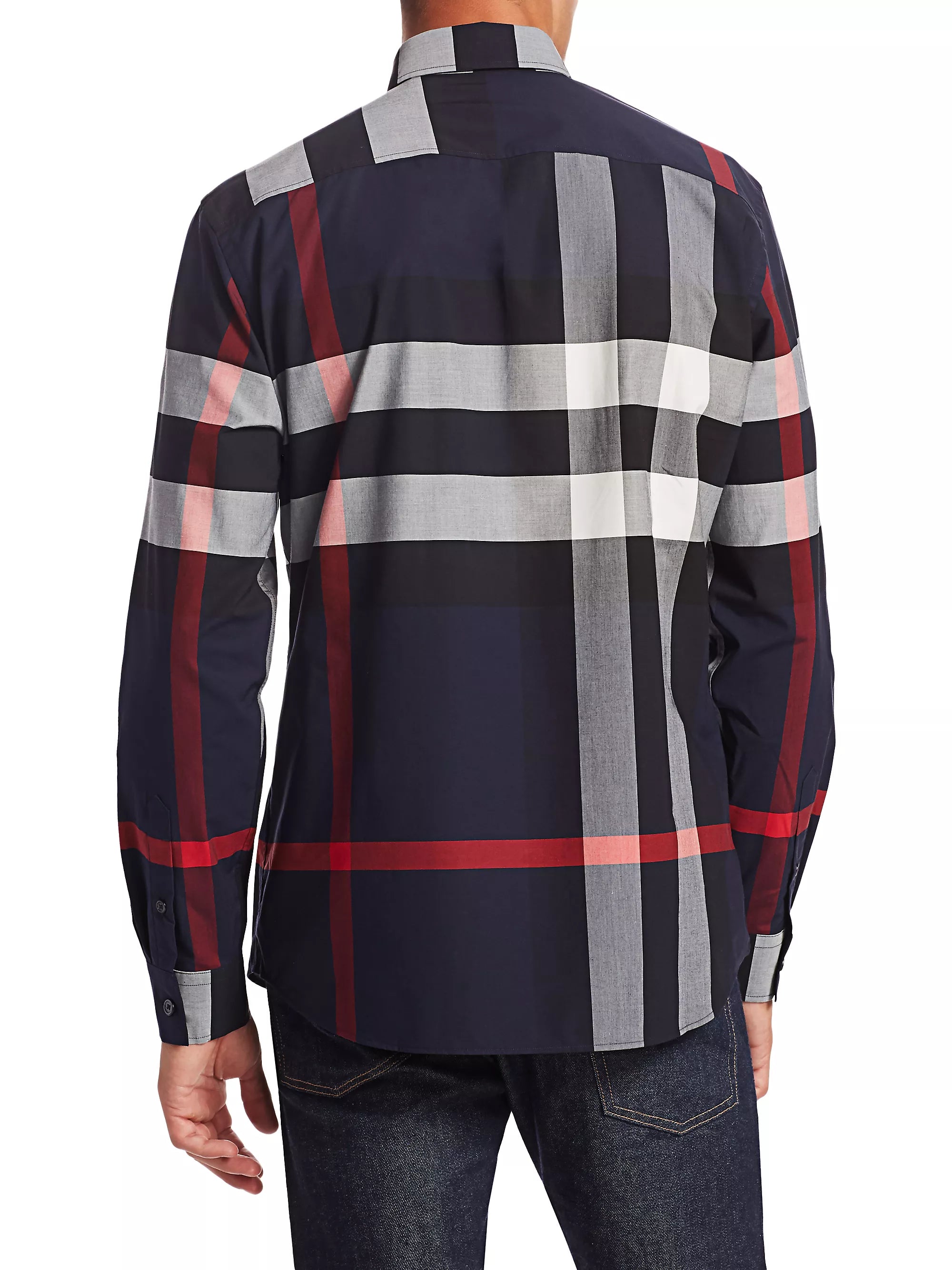 $650 BURBERRY - "Simpson" Nova Check Blue/White/Red Stretch Cotton Check Shirt - S