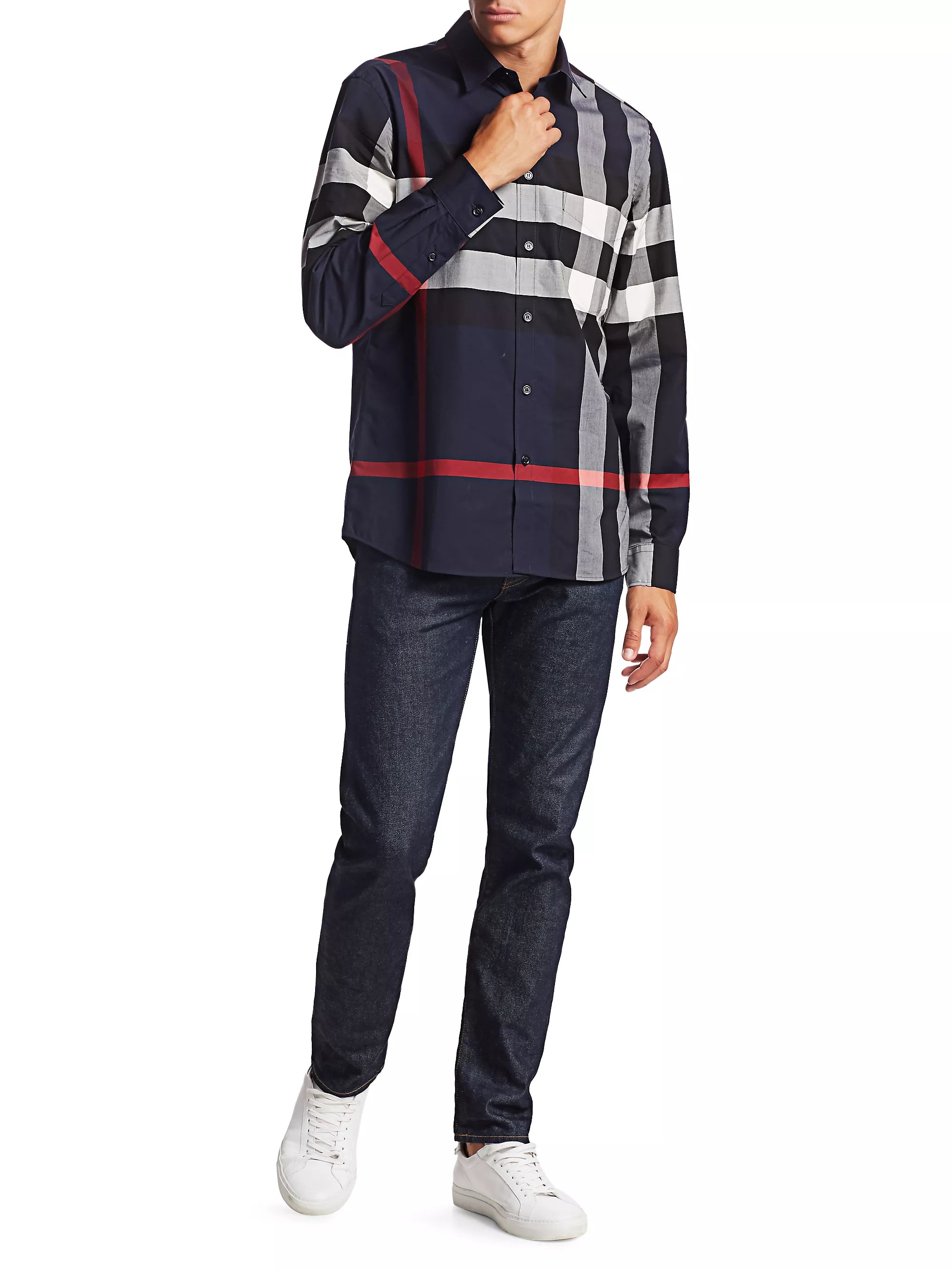 $650 BURBERRY - "Simpson" Nova Check Blue/White/Red Stretch Cotton Check Shirt - S