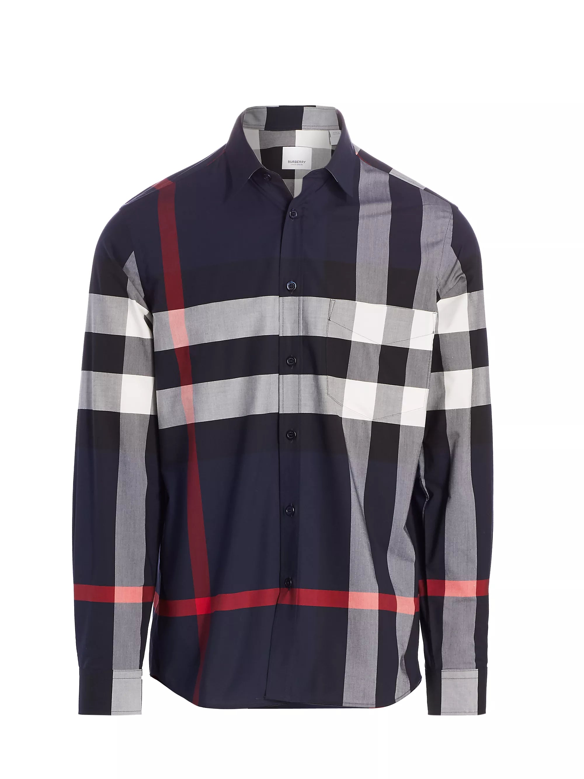 $650 BURBERRY - "Simpson" Nova Check Blue/White/Red Stretch Cotton Check Shirt - S
