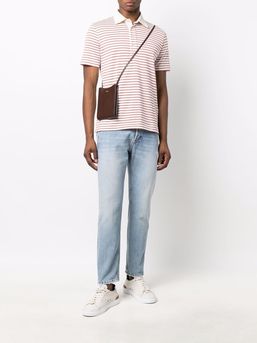 $575 ELEVENTY - Taupe Collar Red Stripe Polo Shirt - 3XL