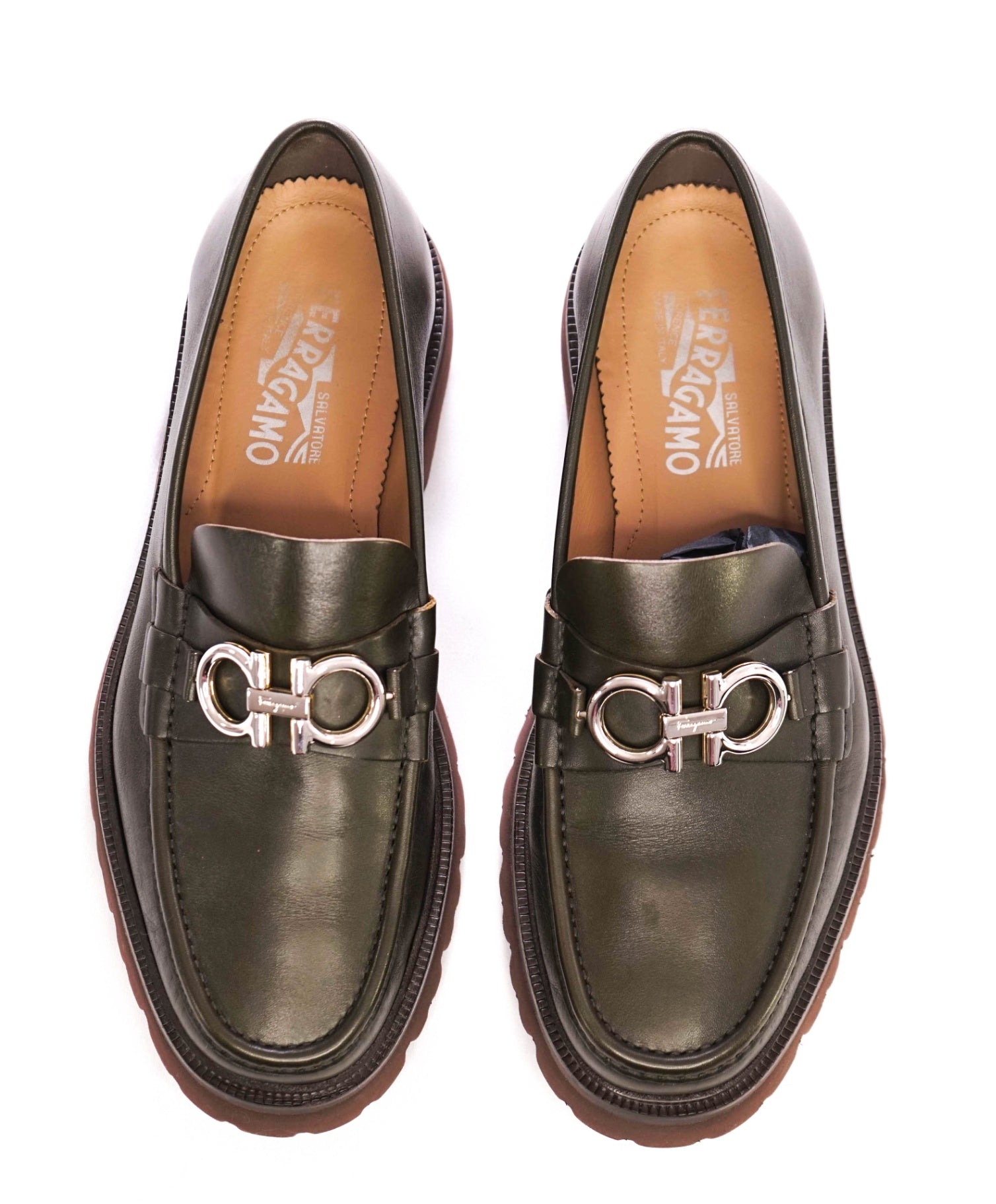 Salvatore Ferragamo "BLEEKER" Solid Dark Green Leather Loafers 9.5 EEE