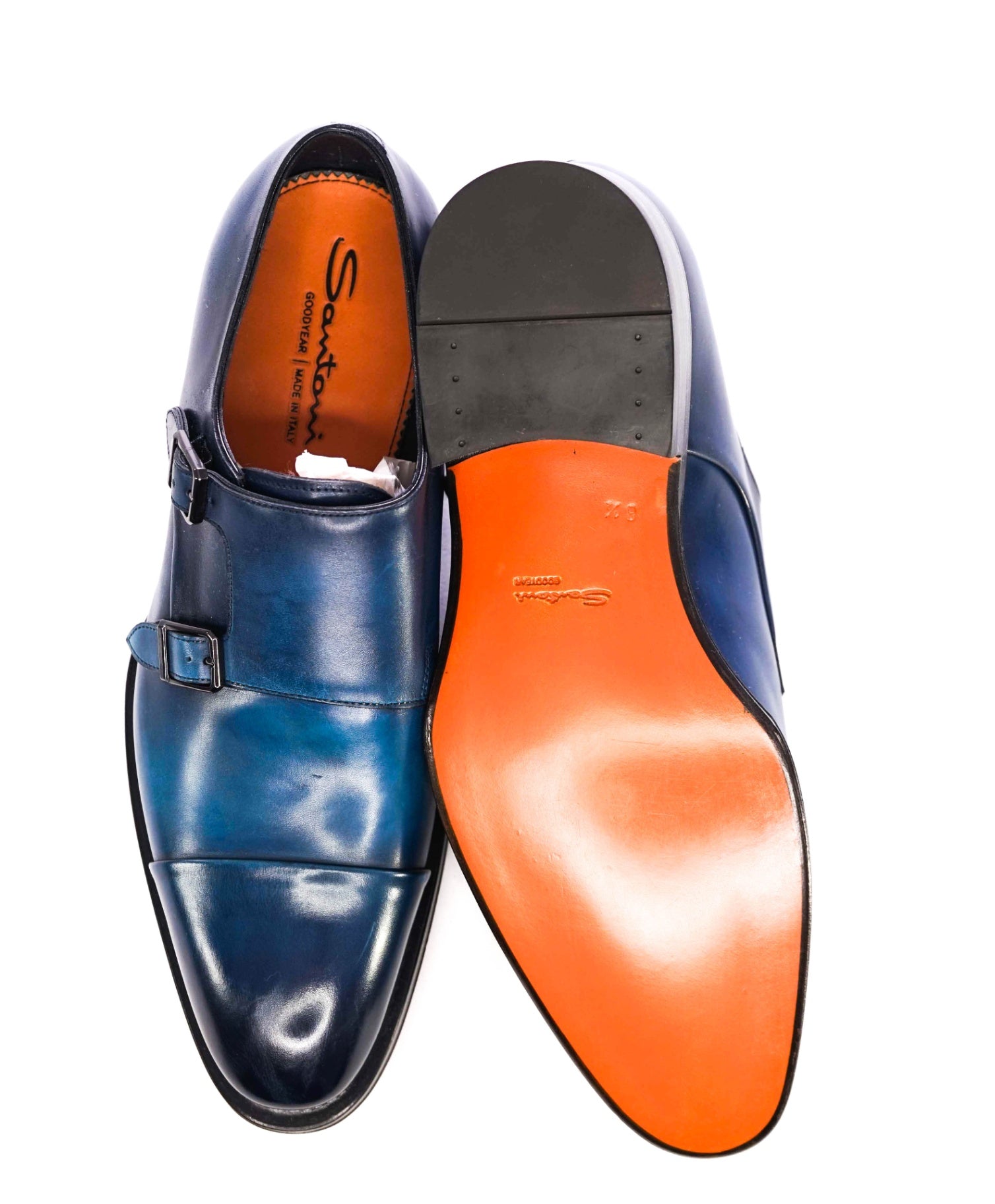 $1,595 Santoni Blue *GOODYEAR* Monk Straps Leather Shoes US 9.5 (UK 8.5)