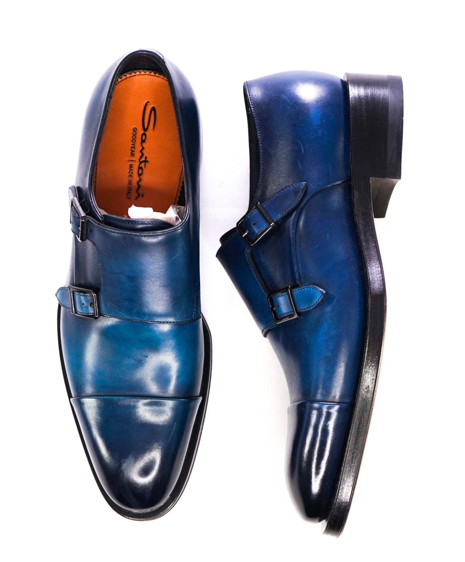 $1,595 Santoni Blue *GOODYEAR* Monk Straps Leather Shoes US 9.5 (UK 8.5)