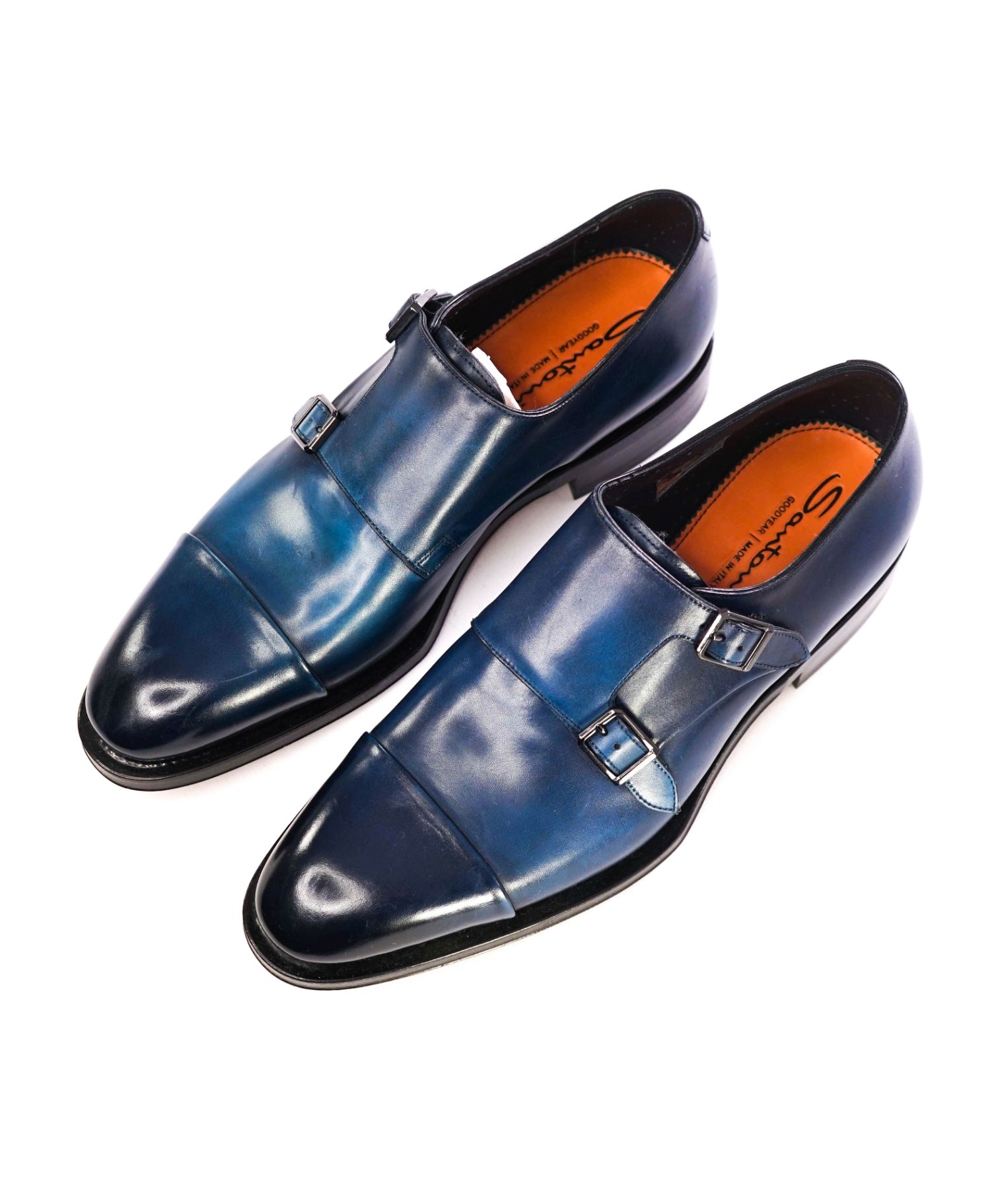 $1,595 Santoni Blue *GOODYEAR* Monk Straps Leather Shoes US 9.5 (UK 8.5)