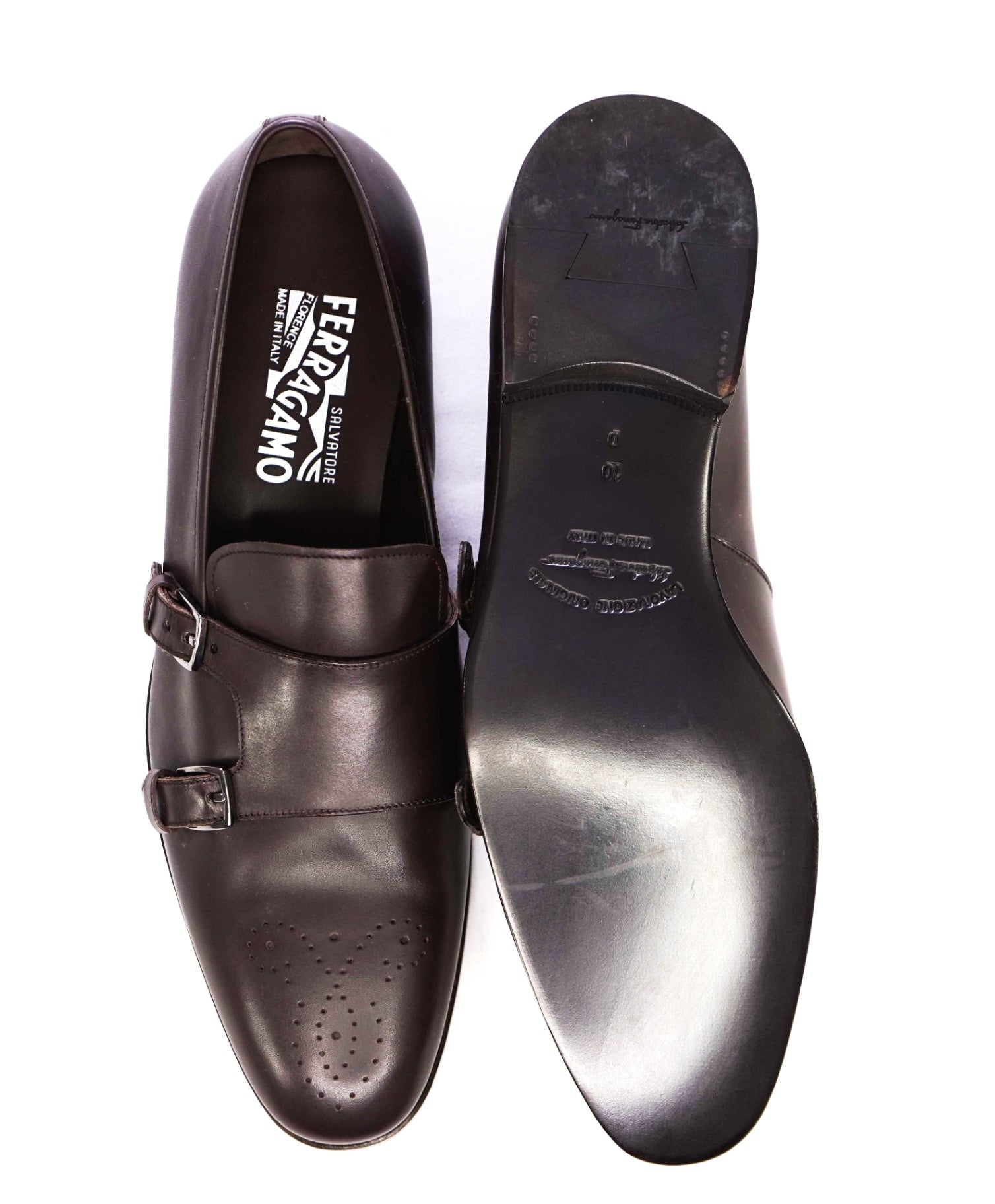 Salvatore Ferragamo Dark Brown Venetian Monk Strap Leather Shoes 10D