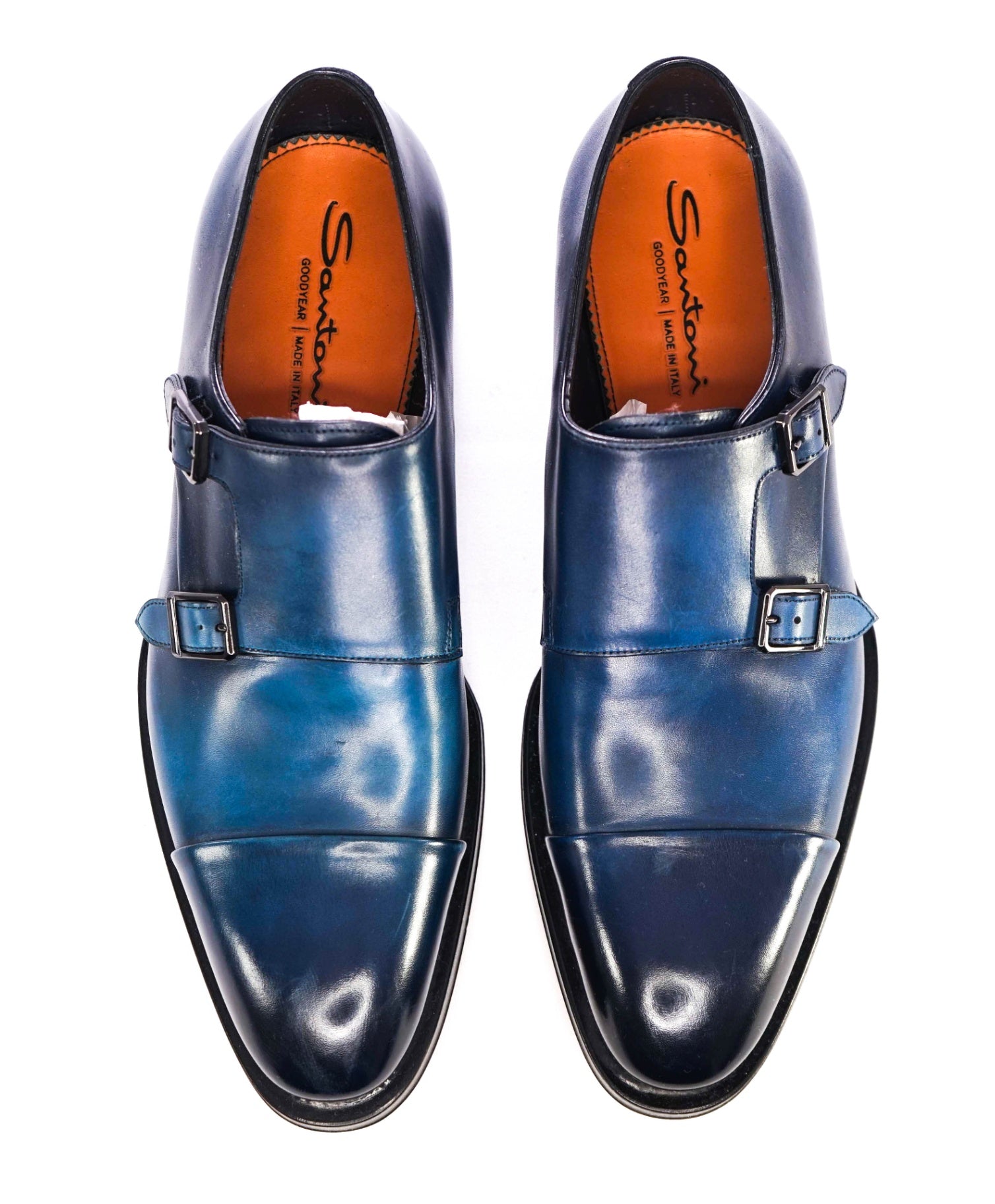 $1,595 Santoni Blue *GOODYEAR* Monk Straps Leather Shoes US 9.5 (UK 8.5)