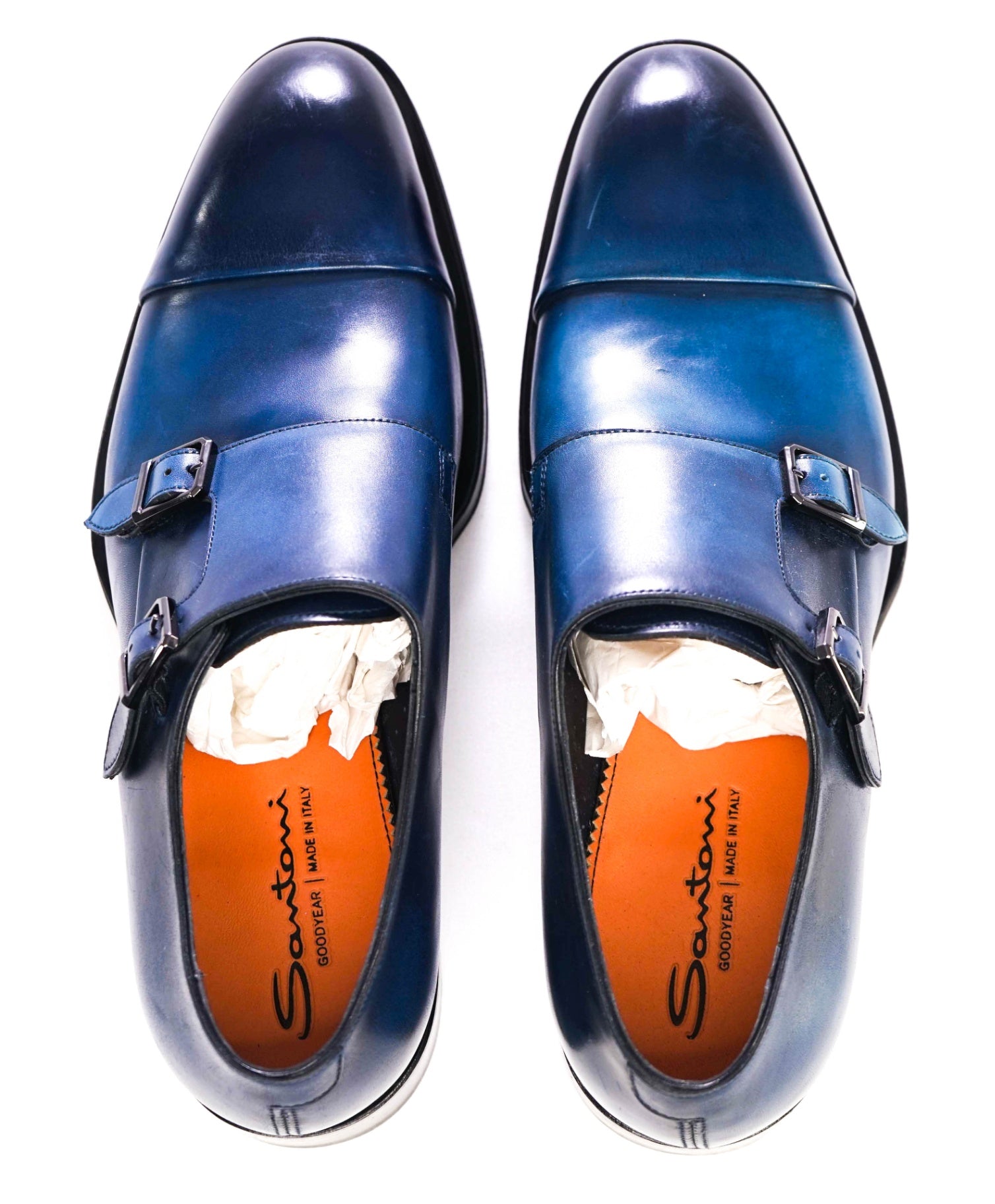 $1,595 Santoni Blue *GOODYEAR* Monk Straps Leather Shoes US 9.5 (UK 8.5)