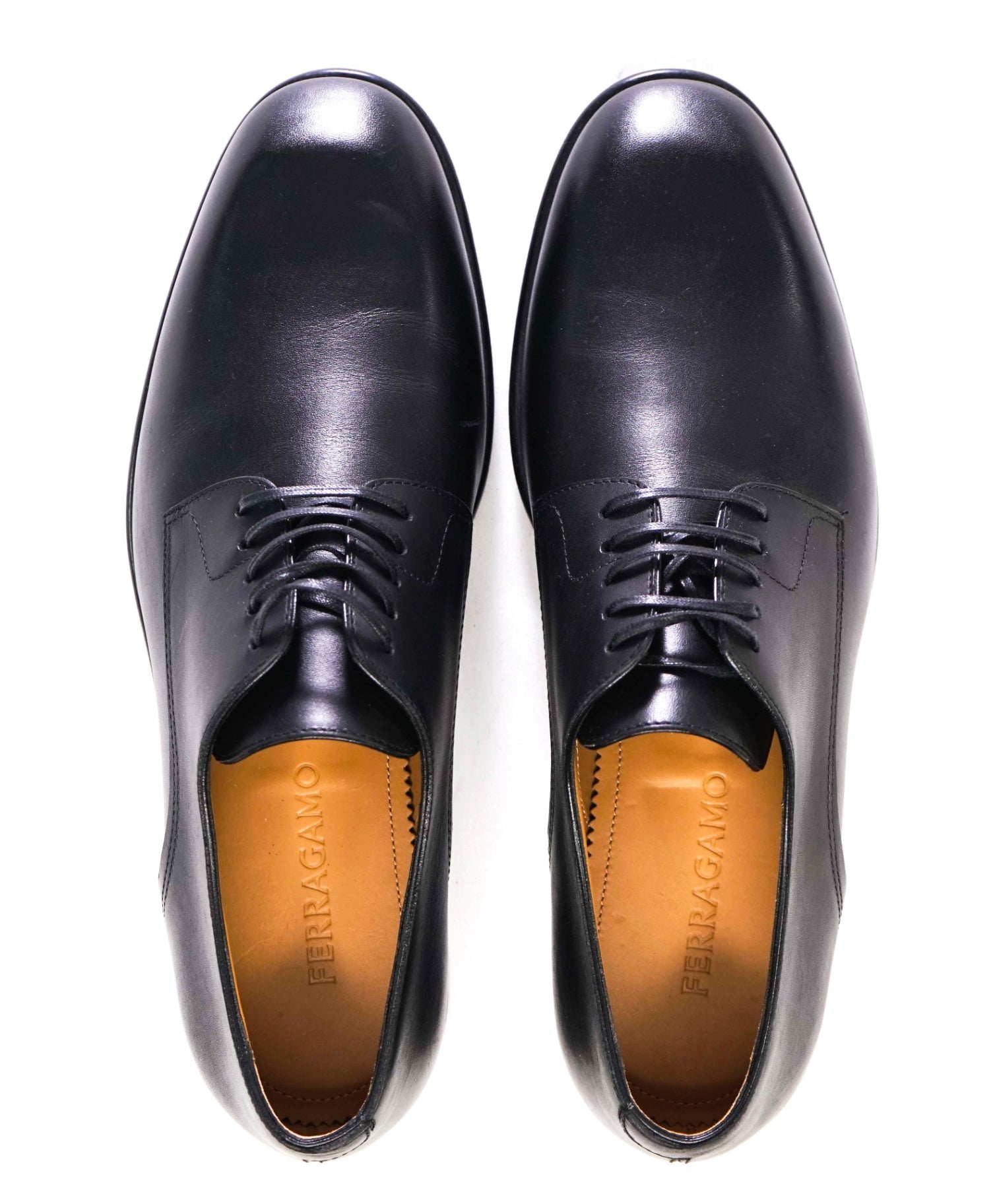 $880 Ferragamo "FOSCO" Solid Black Derbies Leather Oxfords 7.5 EE