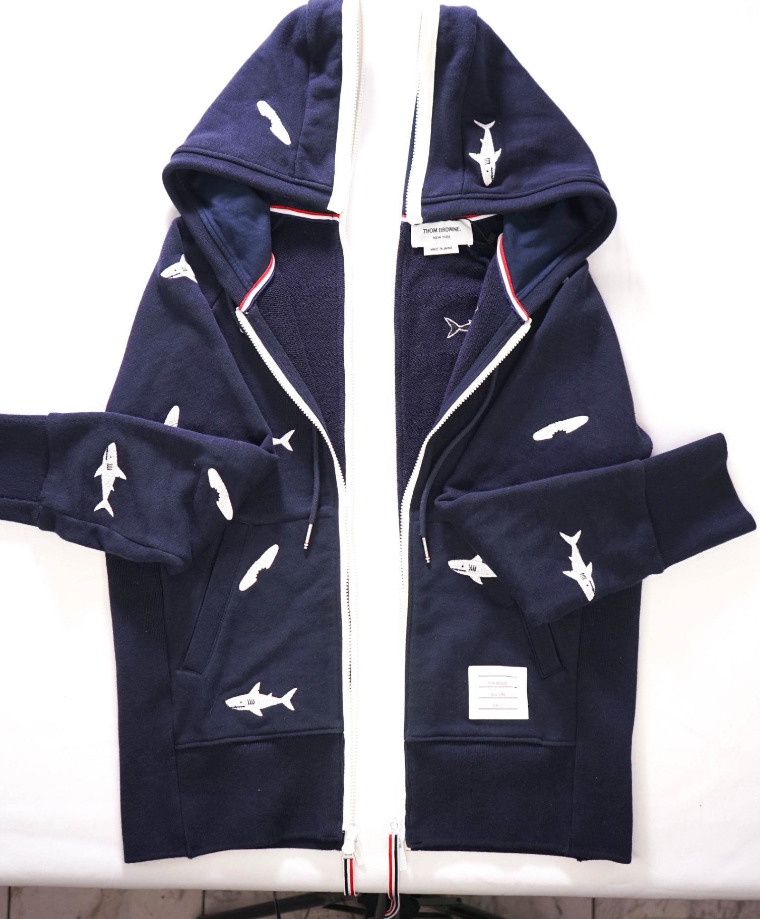 $1,530 Thom Browne Navy Shark & Surfboard Zip Hoodie Sweater M (SZ 2)