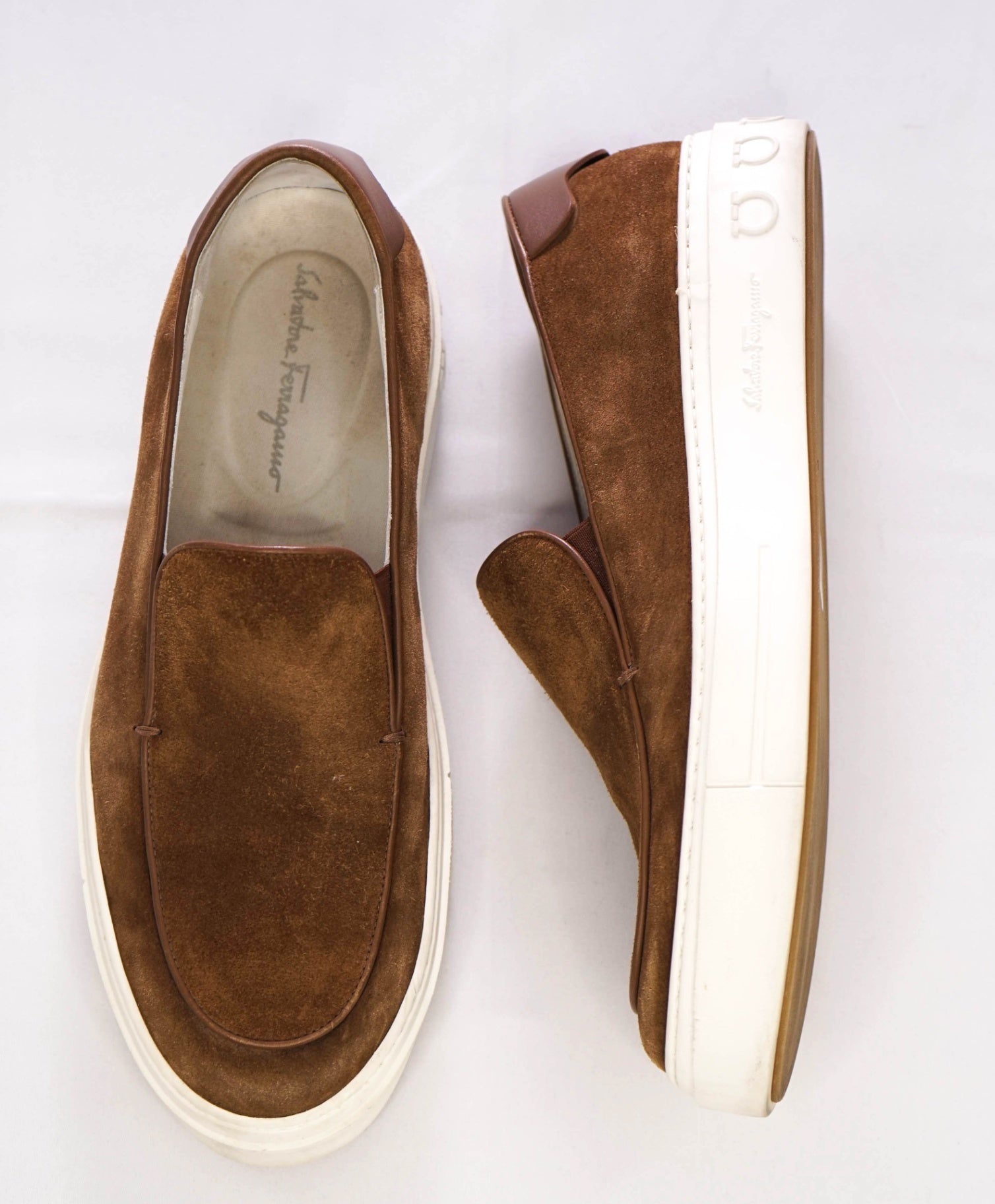 Salvatore Ferragamo Brown LOGO HEEL Suede Boat Shoe Loafer 8.5 M