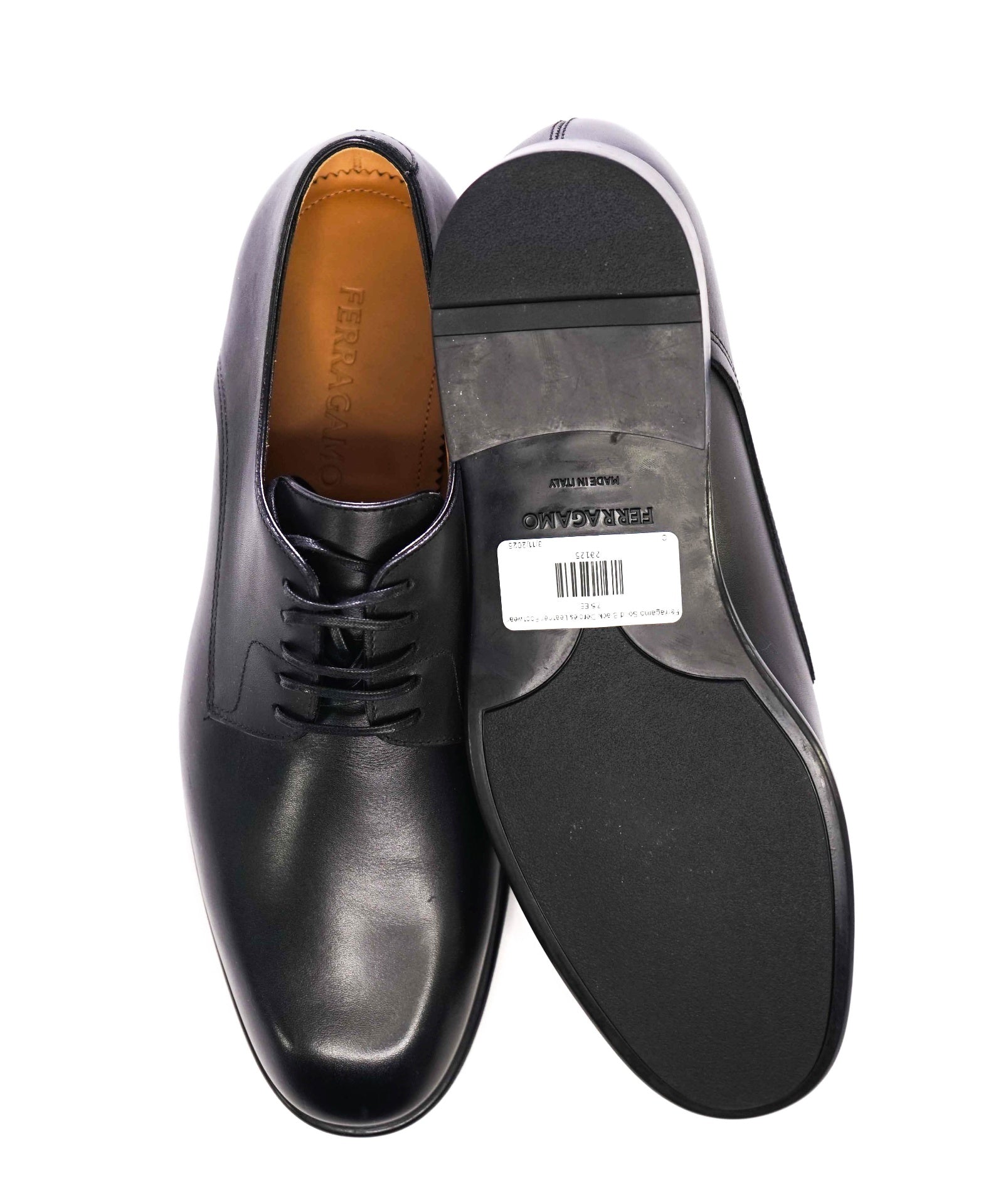 $880 Ferragamo "FOSCO" Solid Black Derbies Leather Oxfords 7.5 EE