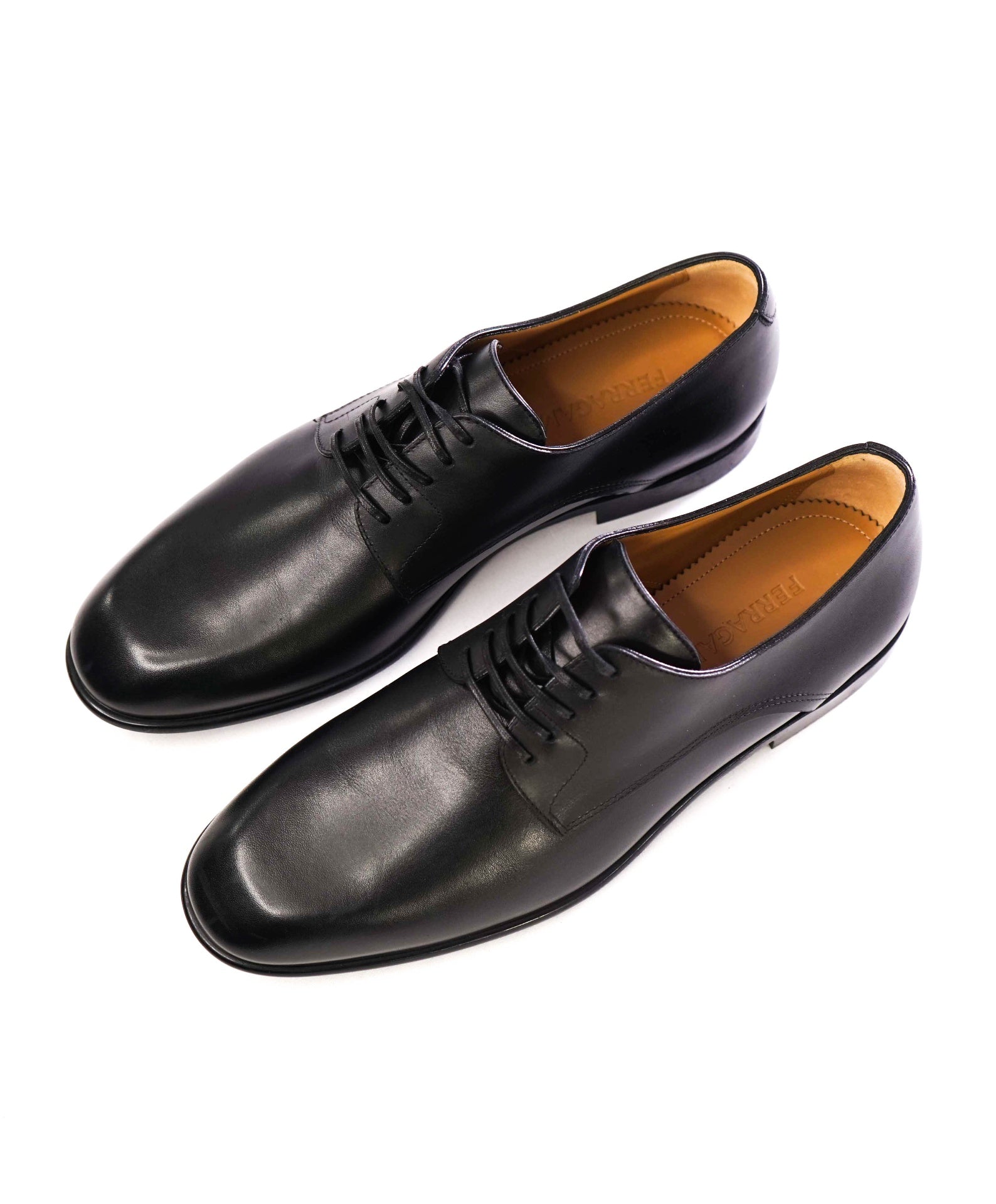 $880 Ferragamo "FOSCO" Solid Black Derbies Leather Oxfords 7.5 EE