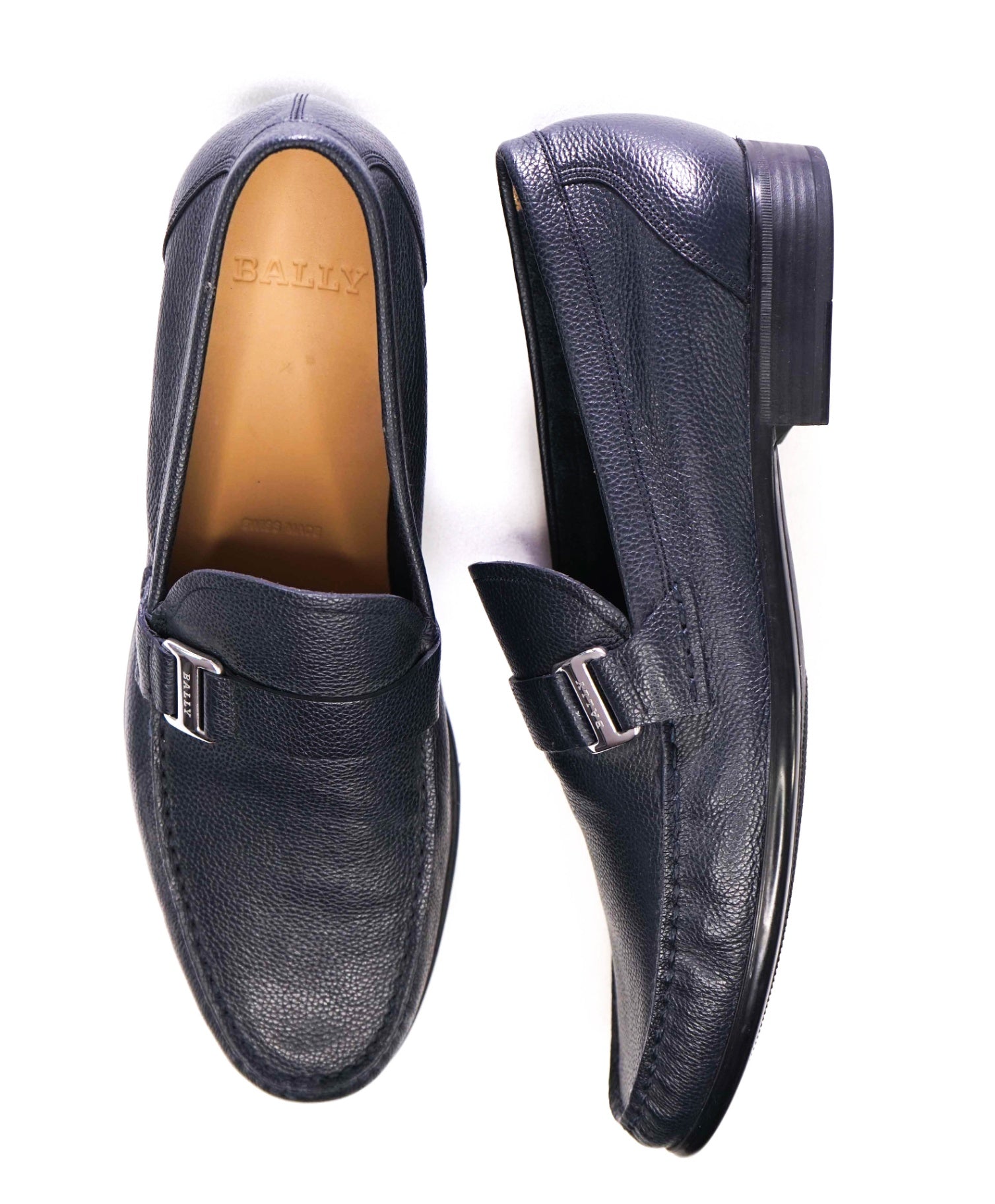$750 Bally Navy Pebbled Leather Loafers 11 D US