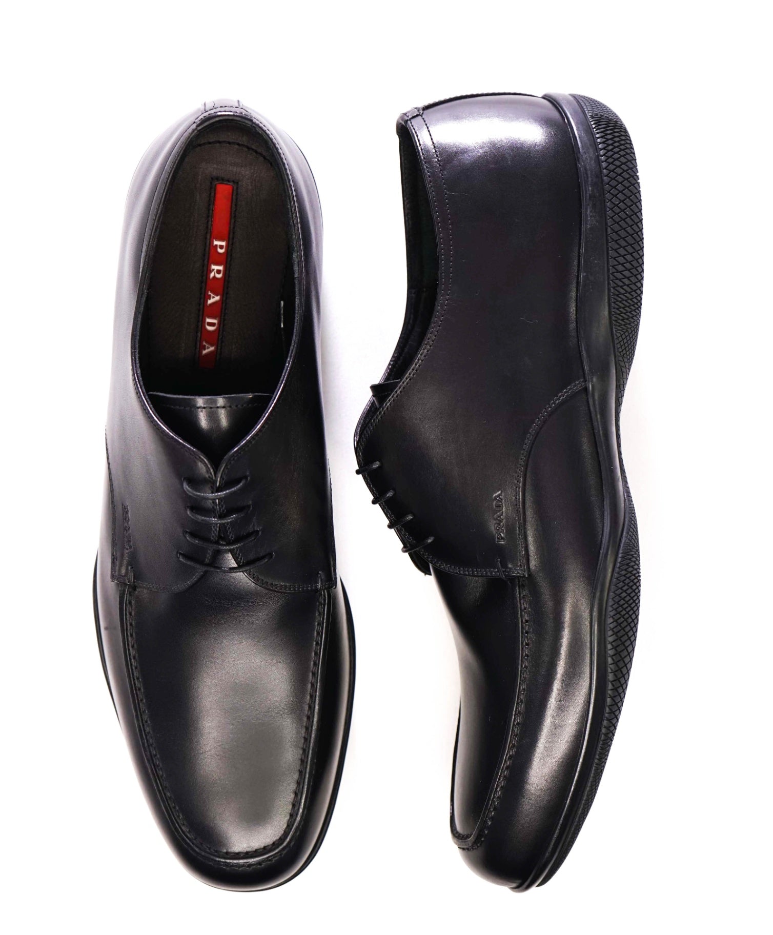 $795 Prada LINEA ROSSA Solid Black Derbies Leather Footwear 12US (11IT)