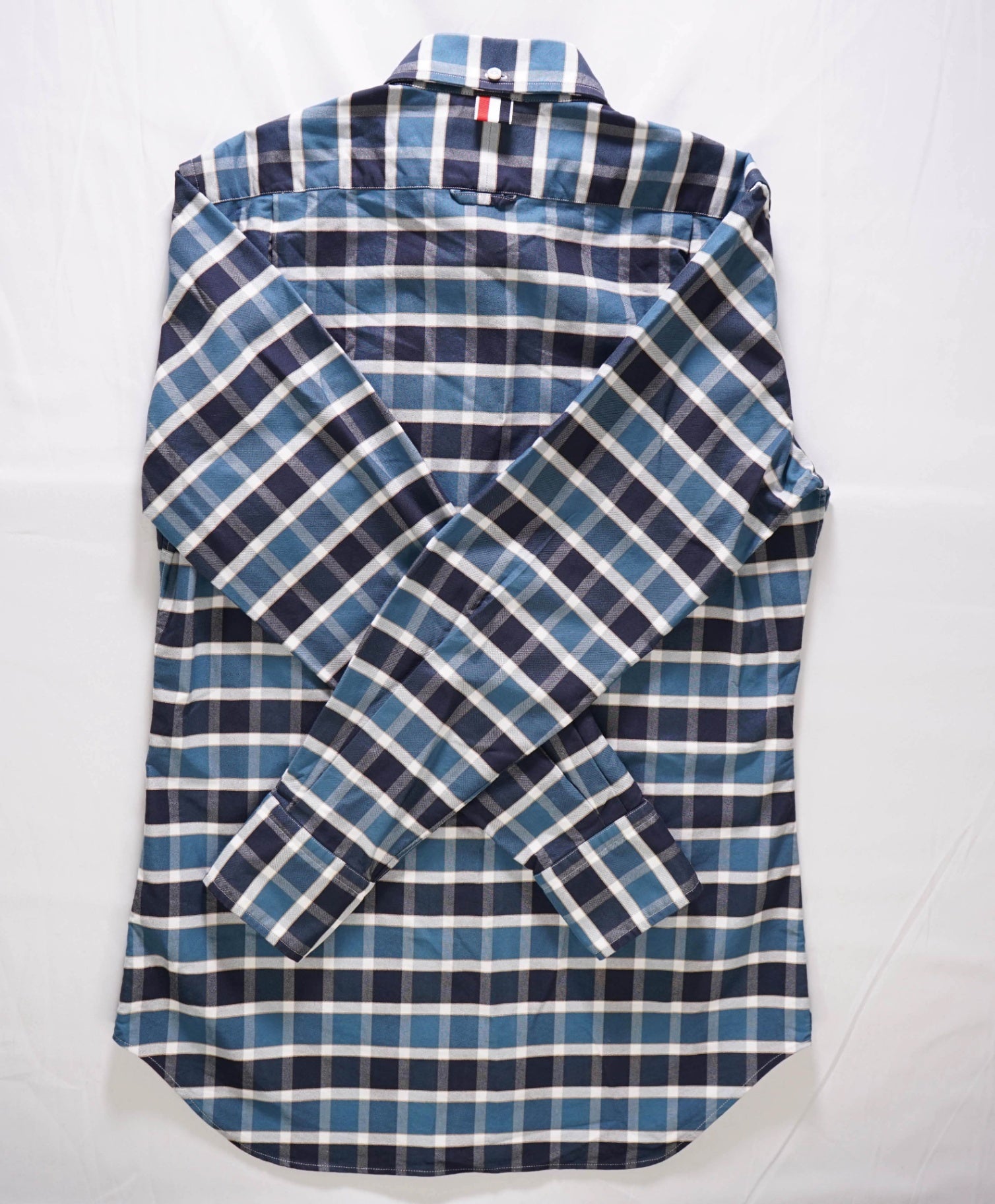 $535 Thom Browne Blue Plaid Cotton Shirt W LOGO TAB - M (Sz 2)