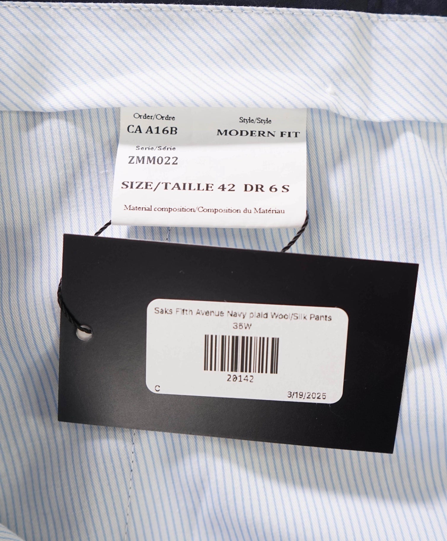 $395 Saks Fifth Avenue Navy plaid Wool/Silk Pants 36W