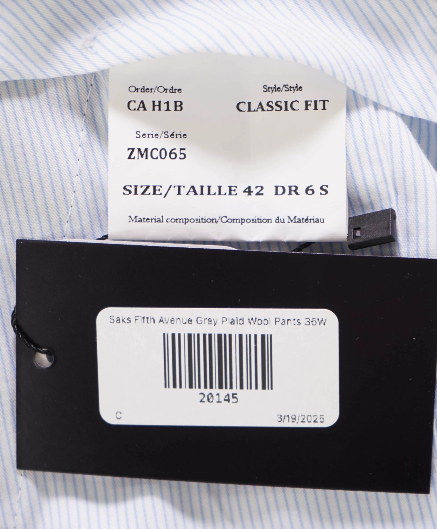 $395 Saks Fifth Avenue Grey Plaid Wool CLASSIC FIT20145 Pants 36W