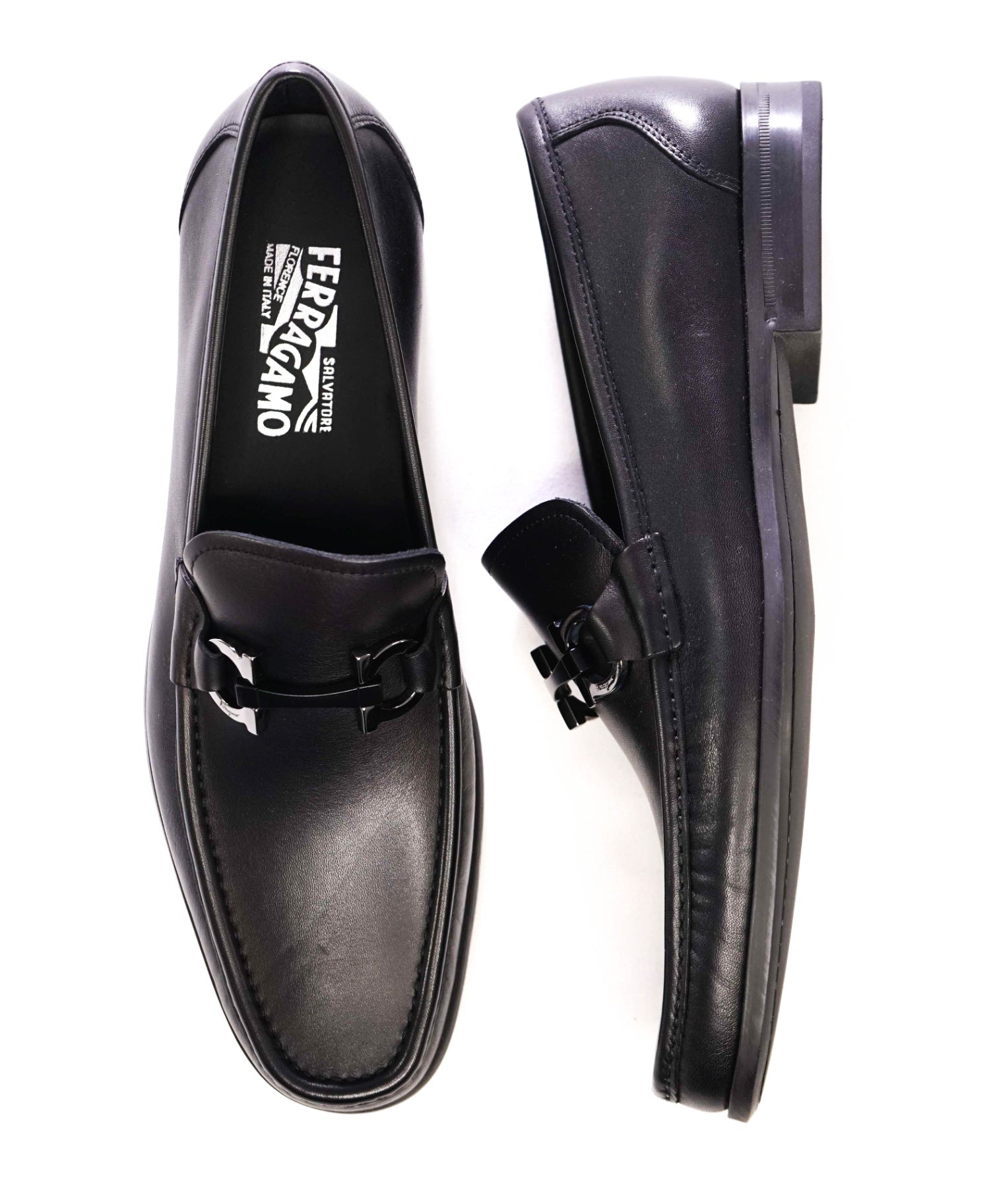 $850 Salvatore Ferragamo "GRANDIOSO" Black Loafers Leather 10 D