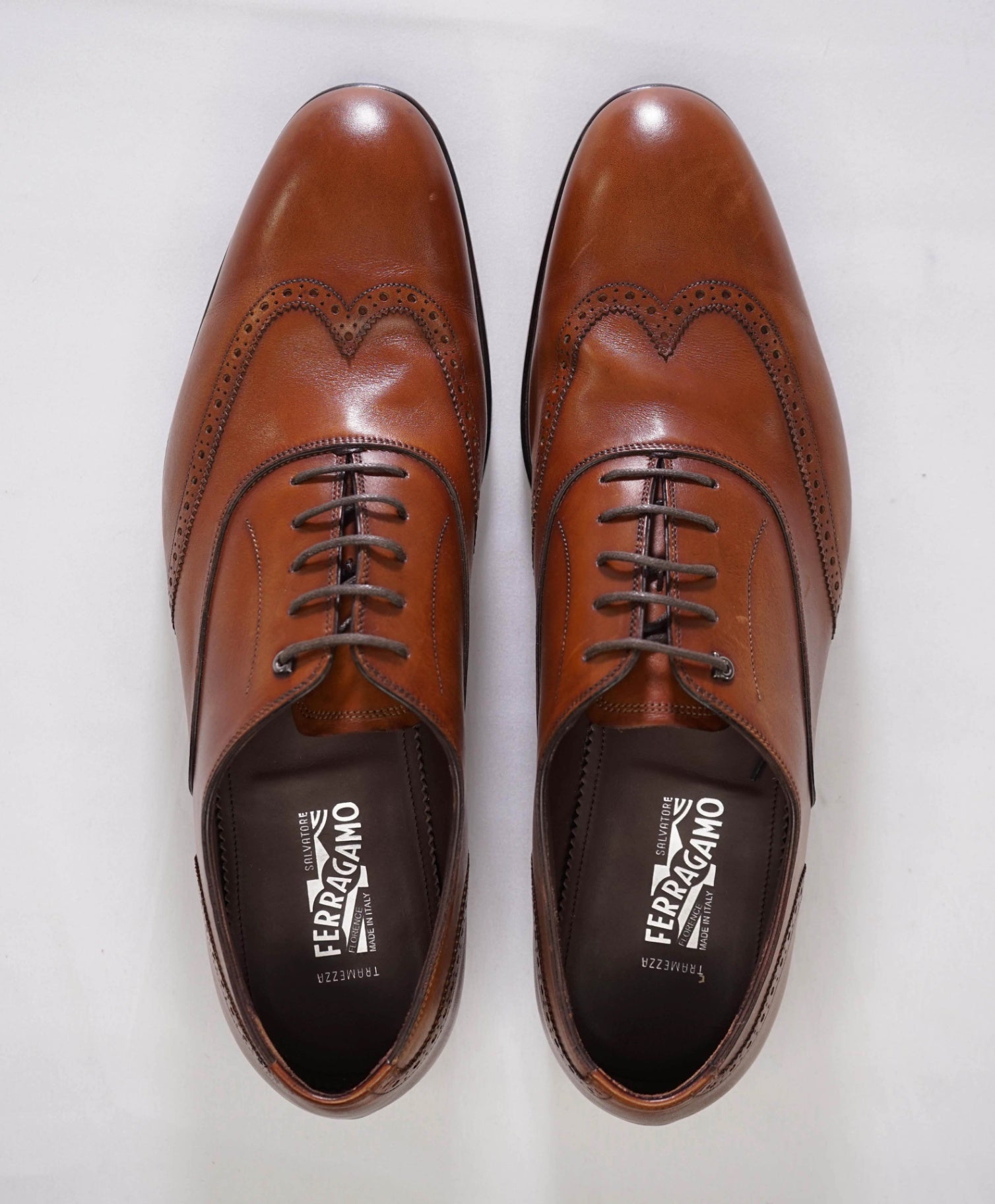 $1,595 Salvatore Ferragamo *TRAMEZZA* Brown Wingtip Oxfords 11.5 D