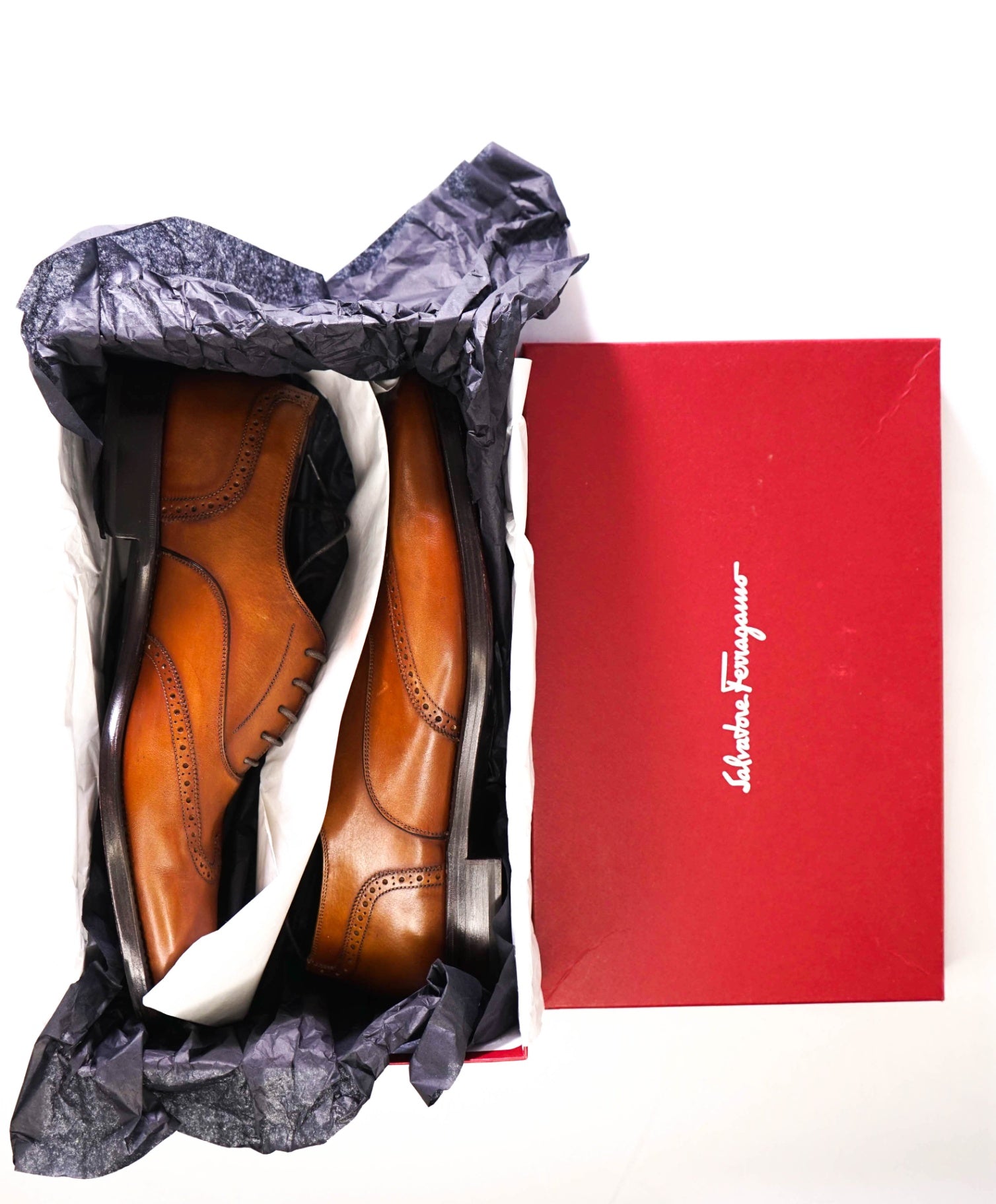 $1,595 Salvatore Ferragamo *TRAMEZZA* Brown Wingtip Oxfords 11.5 D