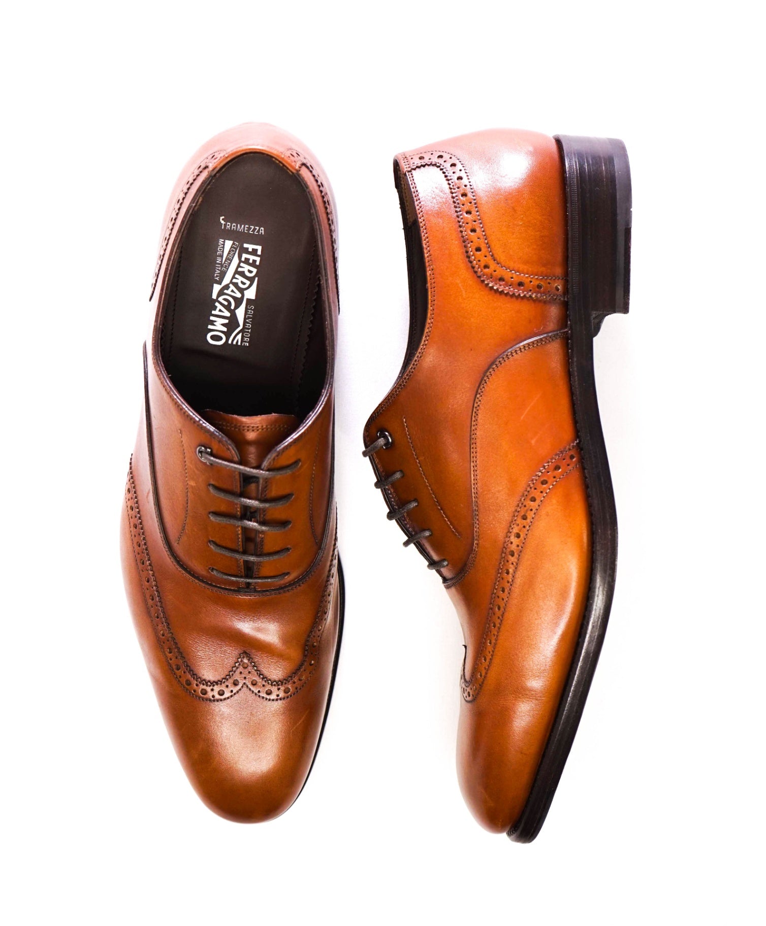 $1,595 Salvatore Ferragamo *TRAMEZZA* Brown Wingtip Oxfords 11.5 D