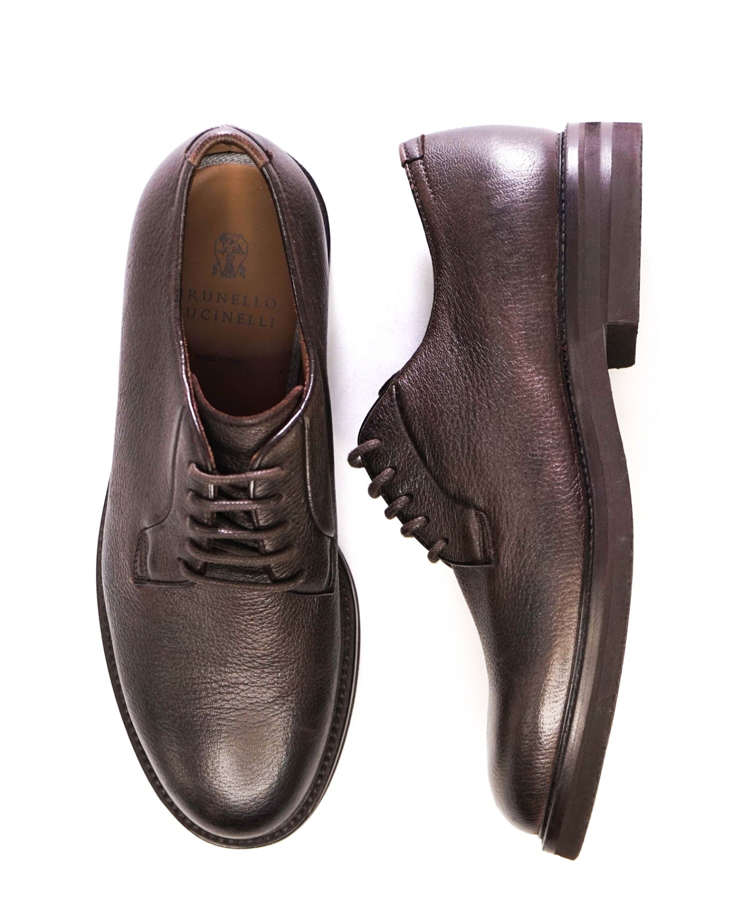 $1,295 Brunello Cucinelli Brown Grained Leather Derby Oxfords 10 (43EU)