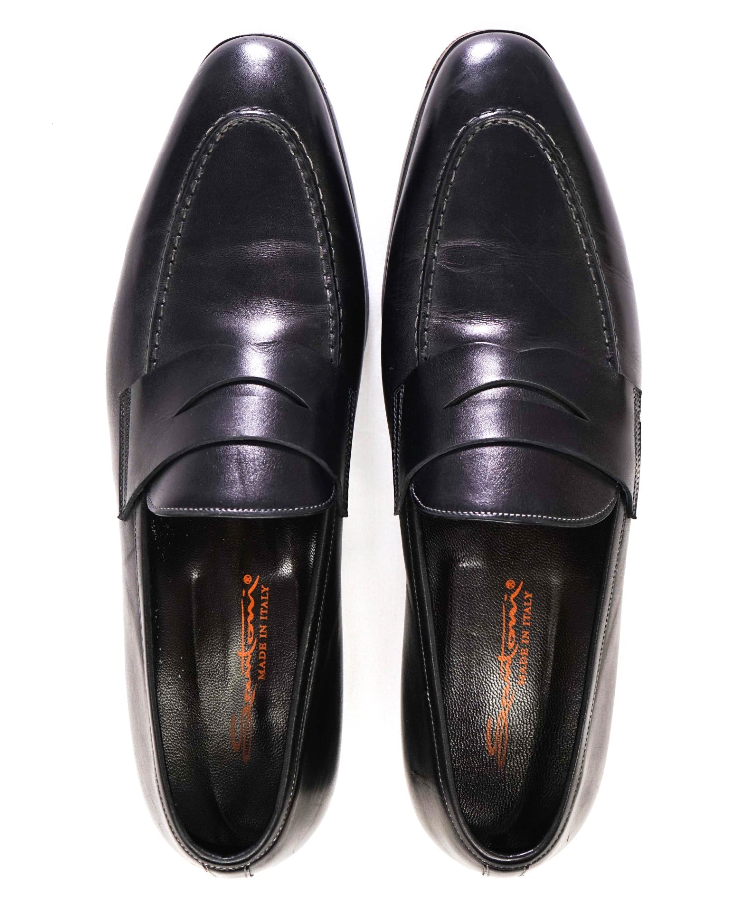 $750 Santoni Solid Black Penny Loafers Leather Footwear 12US (11 IT)