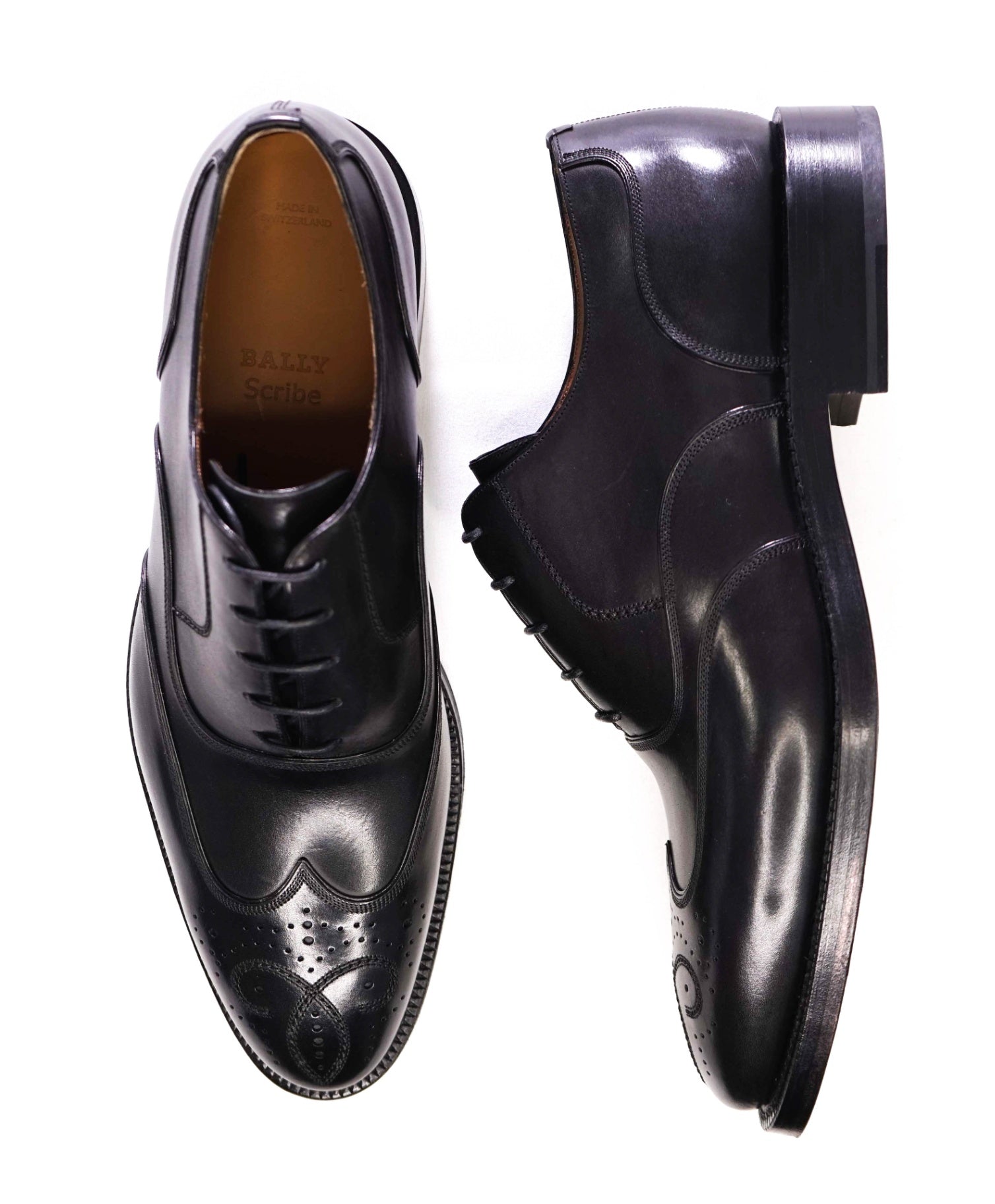 $900 Bally SCRIBE Solid Black Wingtip Oxfords Leather Footwear 9 US