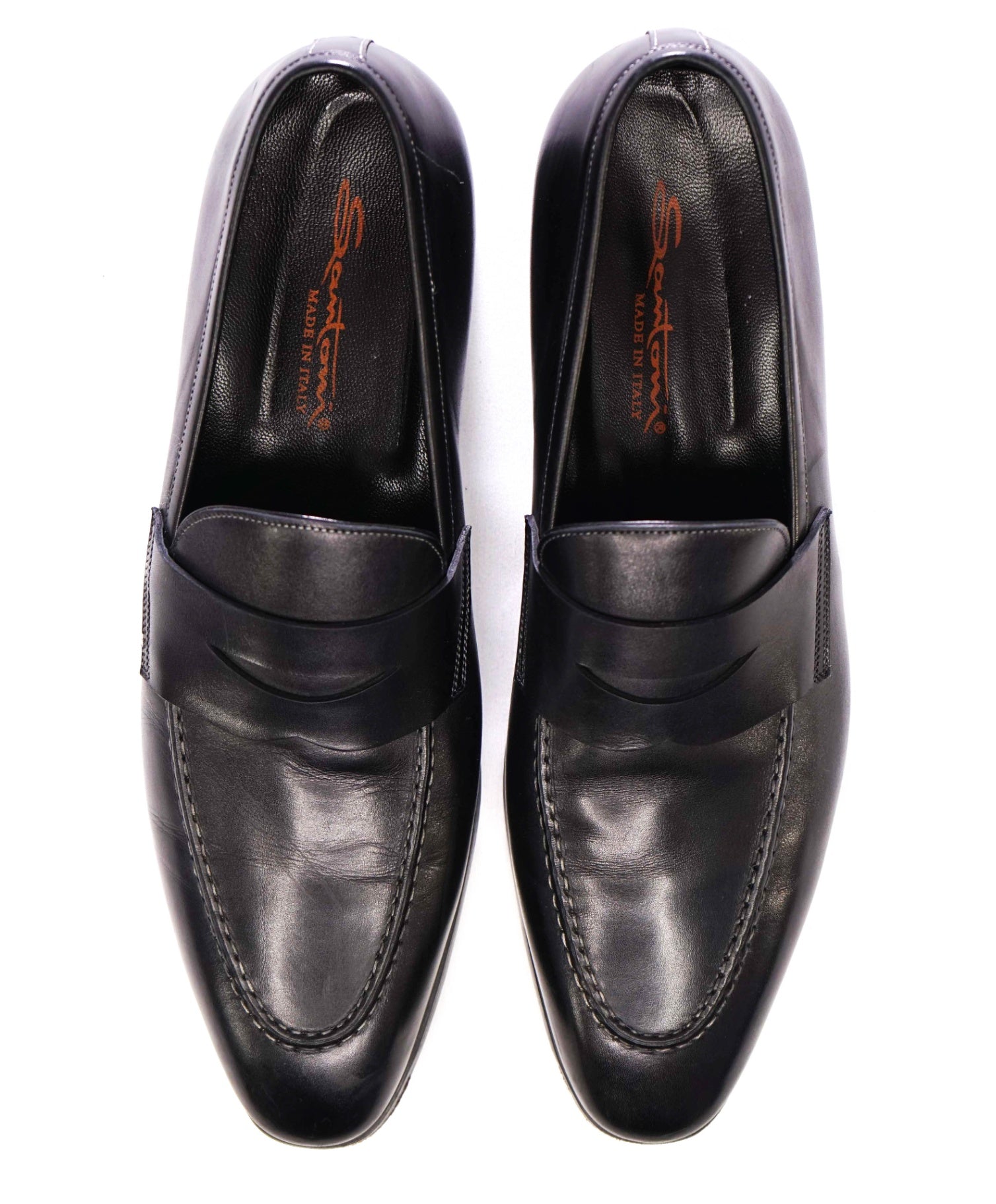 $750 Santoni Solid Black Penny Loafers Leather Footwear 12US (11 IT)