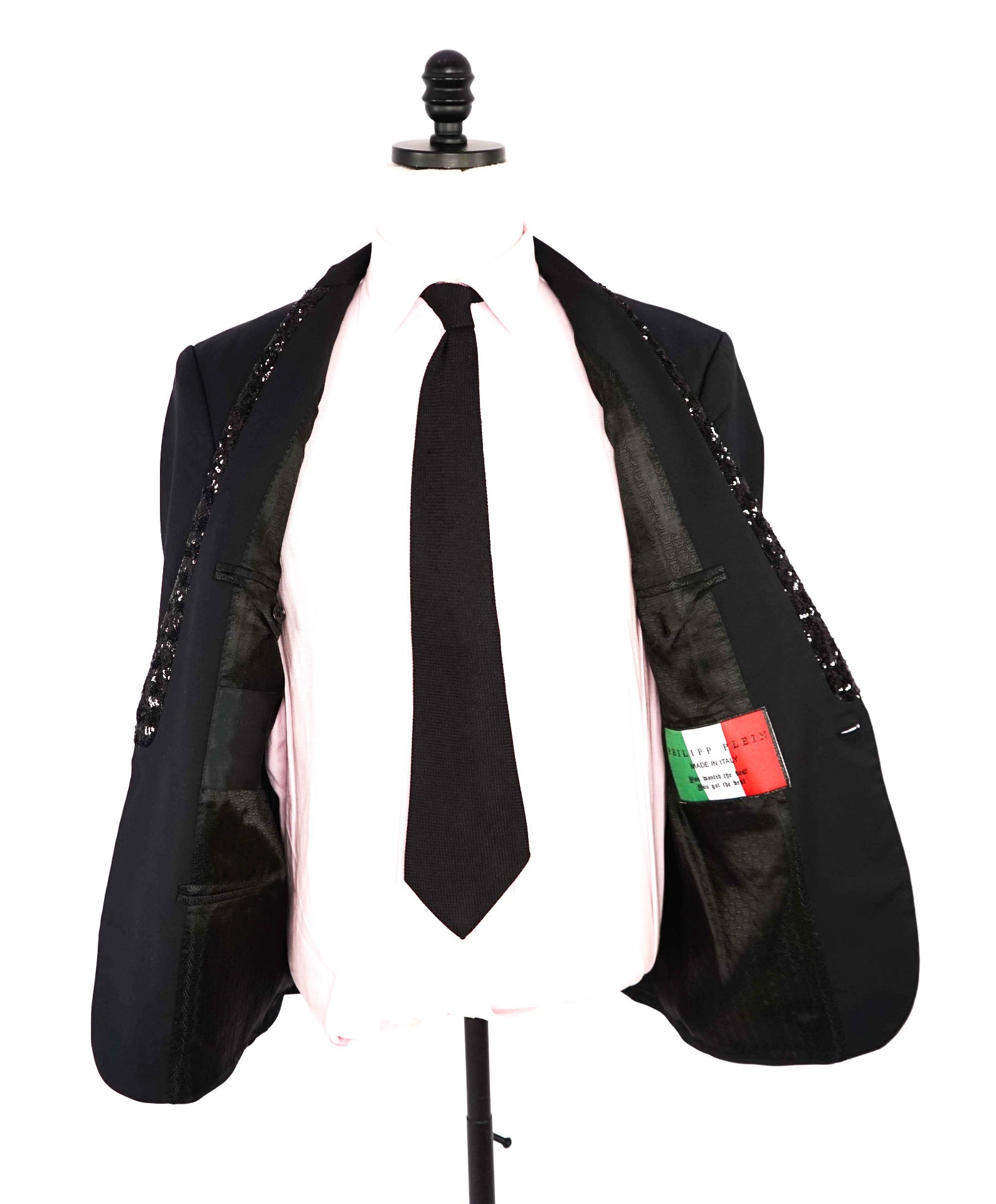 $3,080 Philip Plein Black 1-Btn SEQUIN Peak Lapel Blazer Dinner Jacket 44