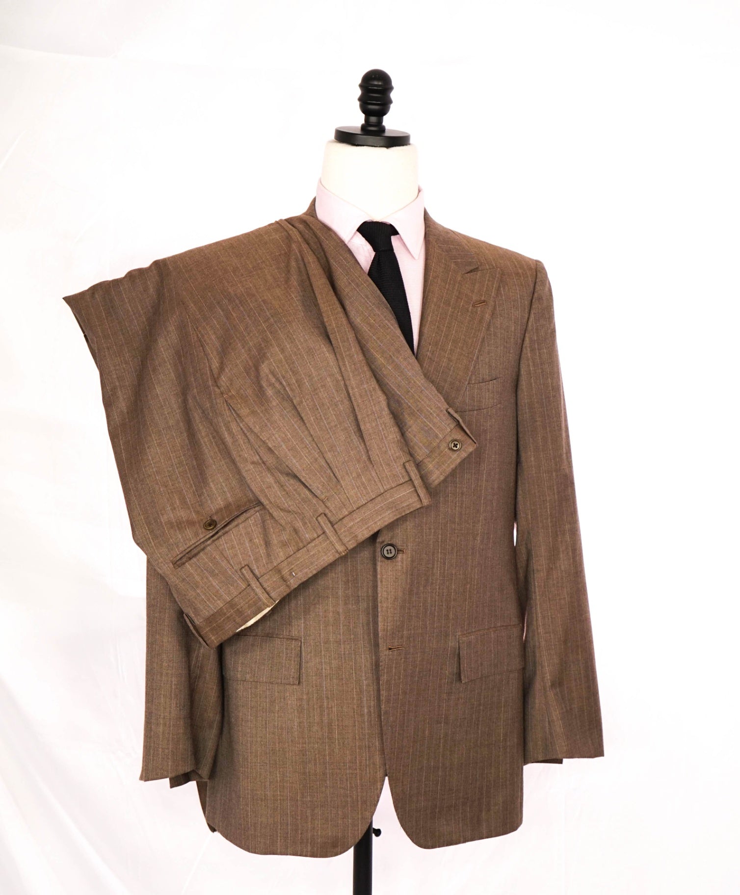 $12,420 Kiton Light Brown Striped 100% Cashmere Peak lapel Suit 40R