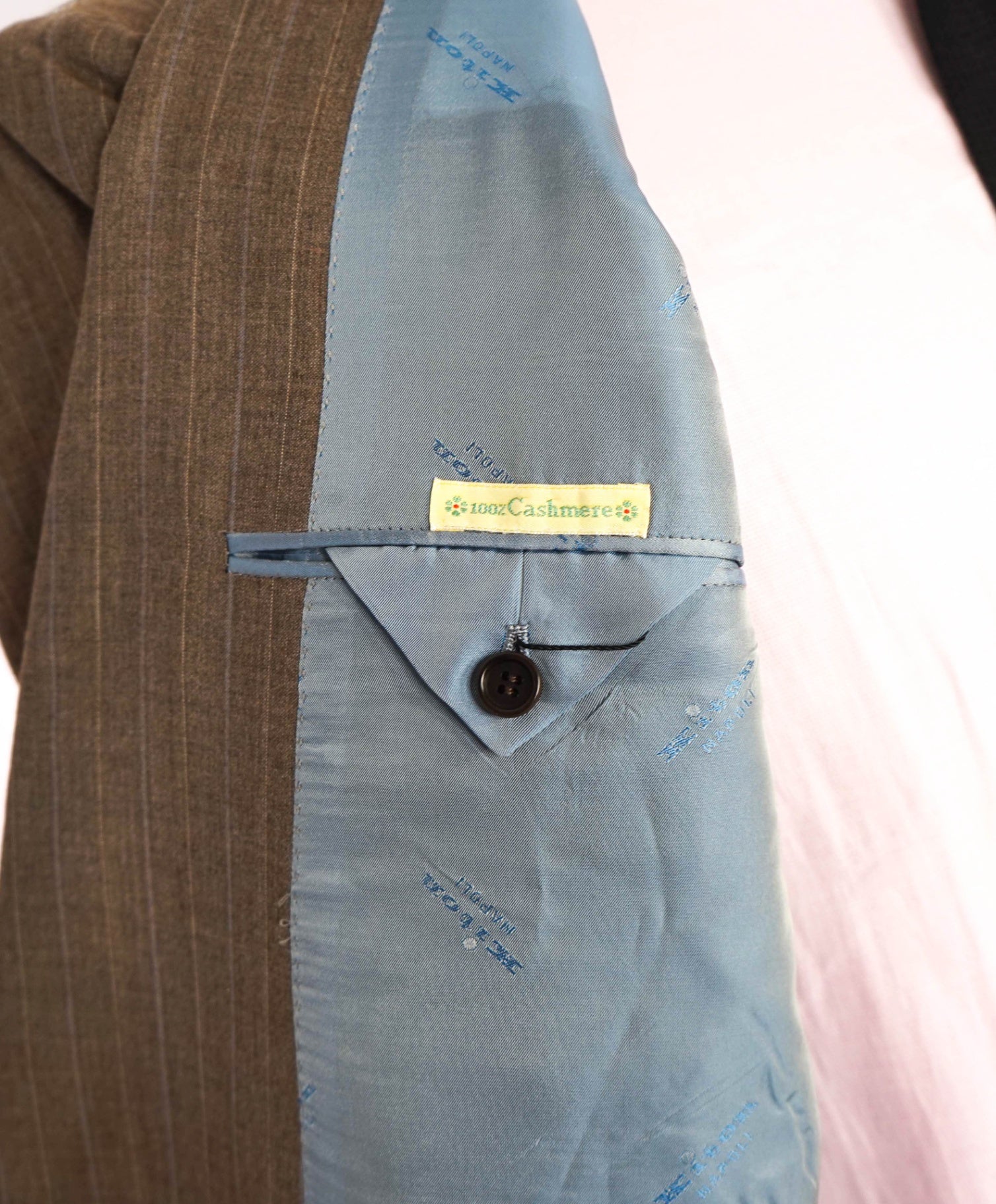 $12,420 Kiton Light Brown Striped 100% Cashmere Peak lapel Suit 40R