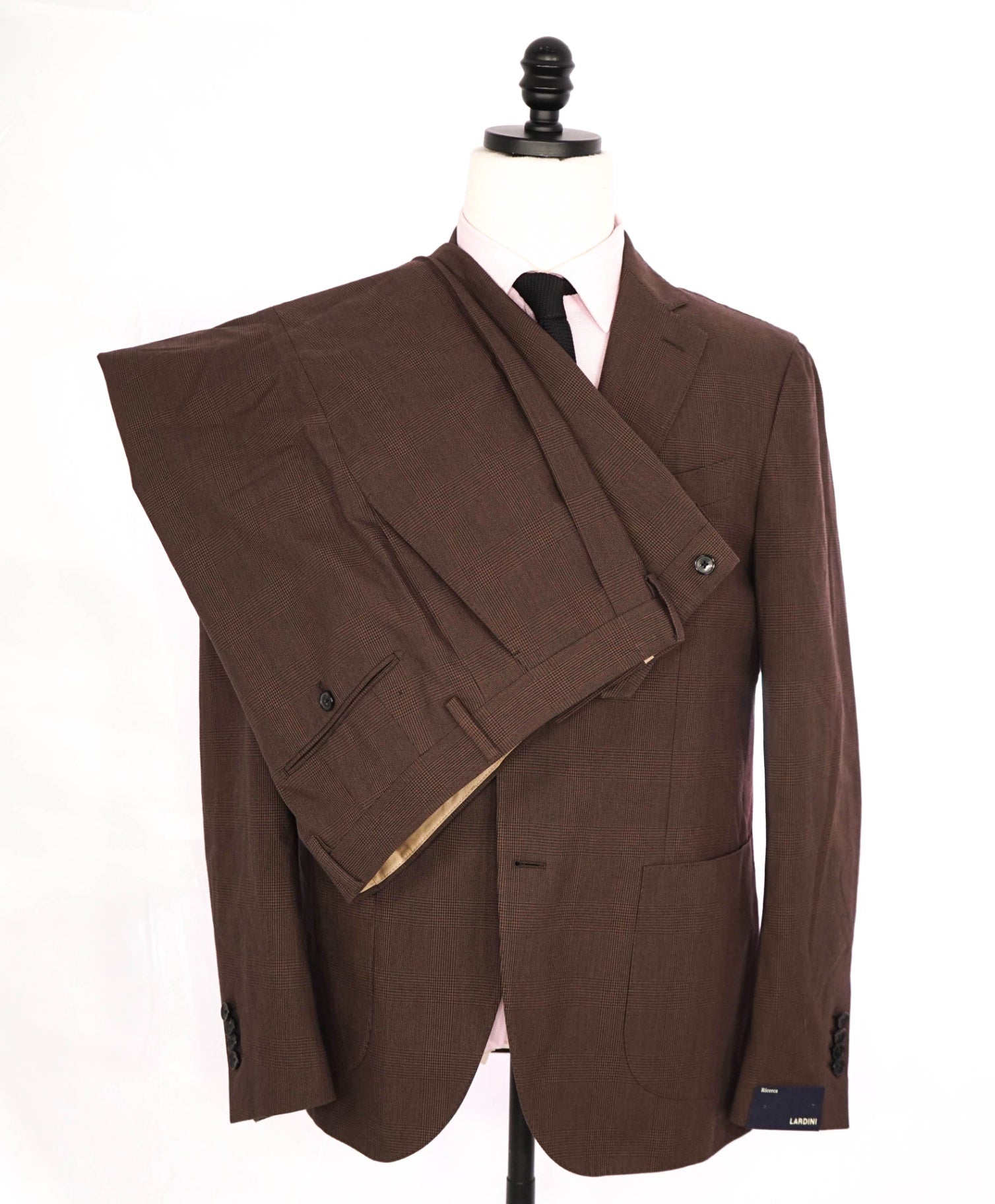 $2,250 Lardini Wool/Cotton Blend Check Brown Unlined Suit 40R