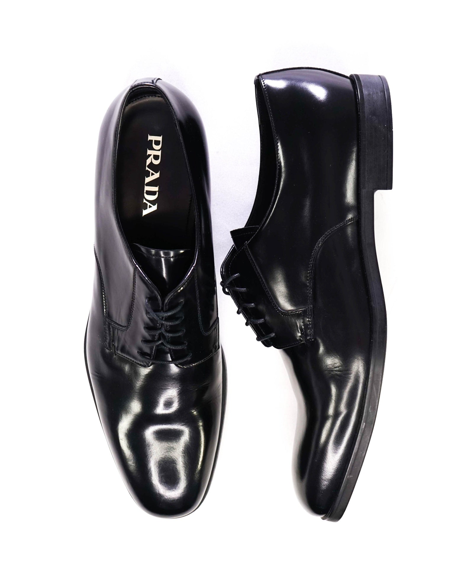 $950 Prada Solid Black Derbies Leather ICONIC Oxfords 12 US (11 IT)