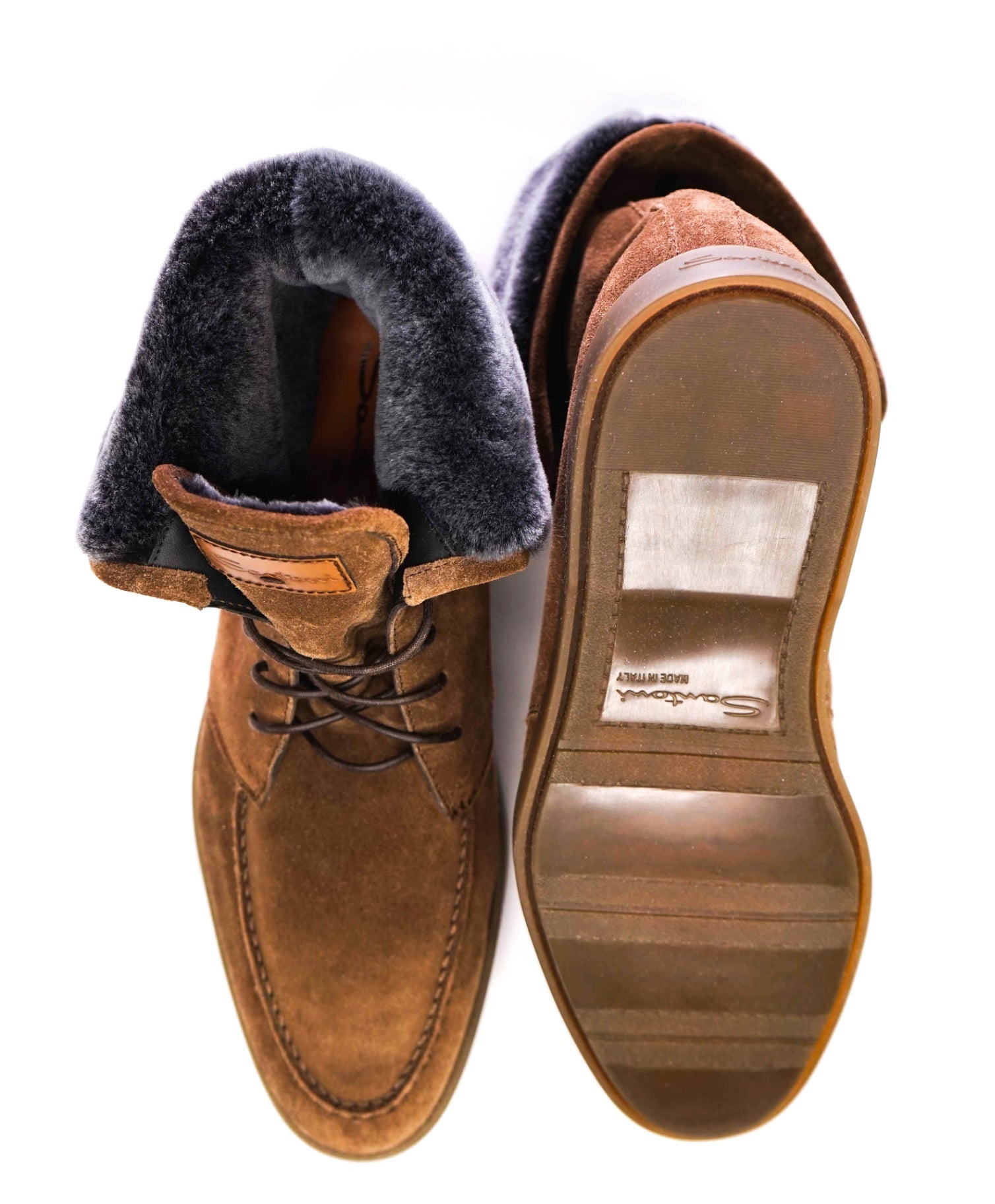 $900 Santoni "Dethrone" Brown Boot Suede/SHEARLING Fur U.S. 10.5 (9.5 IT)