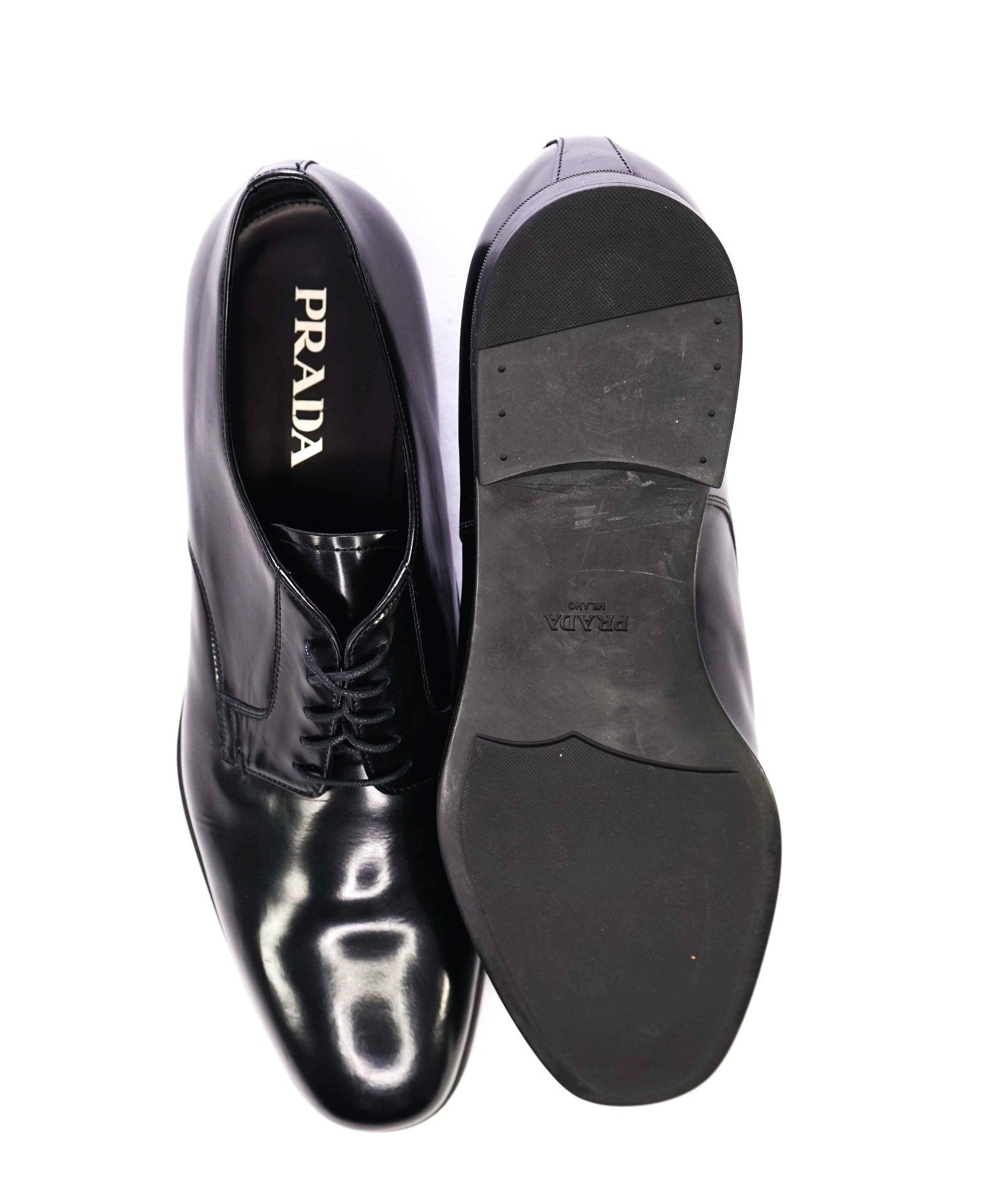 $950 Prada Solid Black Derbies Leather ICONIC Oxfords 12 US (11 IT)