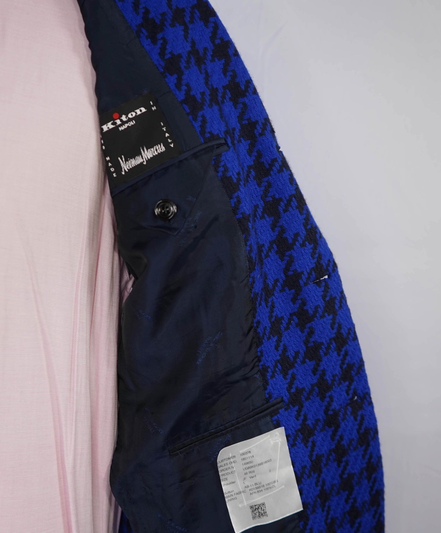 $9,850 Kiton Royal Blue/Navy Houndstooth PURE Cashmere Blazer 38R