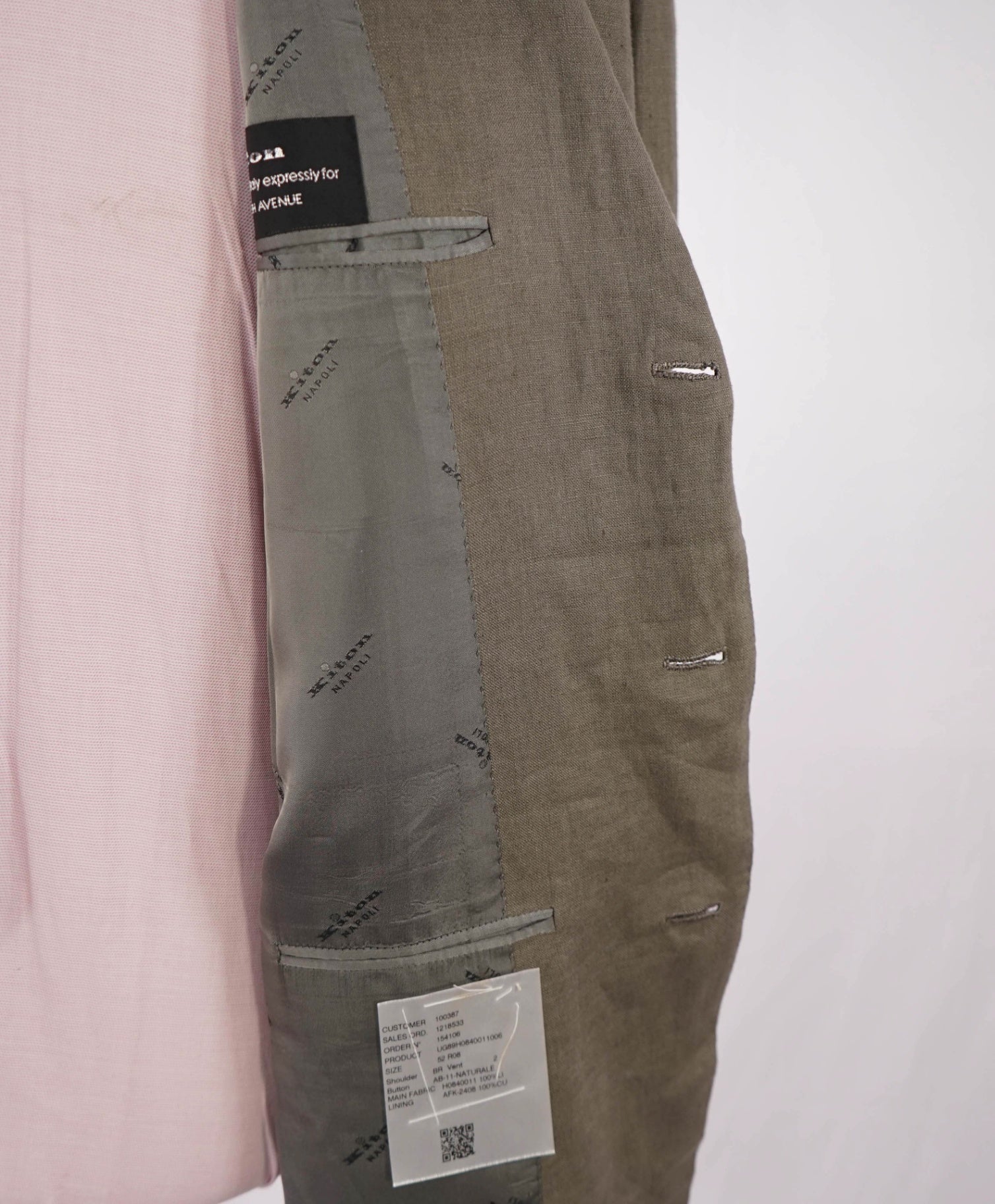 $6,000 Kiton Green/Gray Pure Linen 2/3 Button Roll Blazer 42R