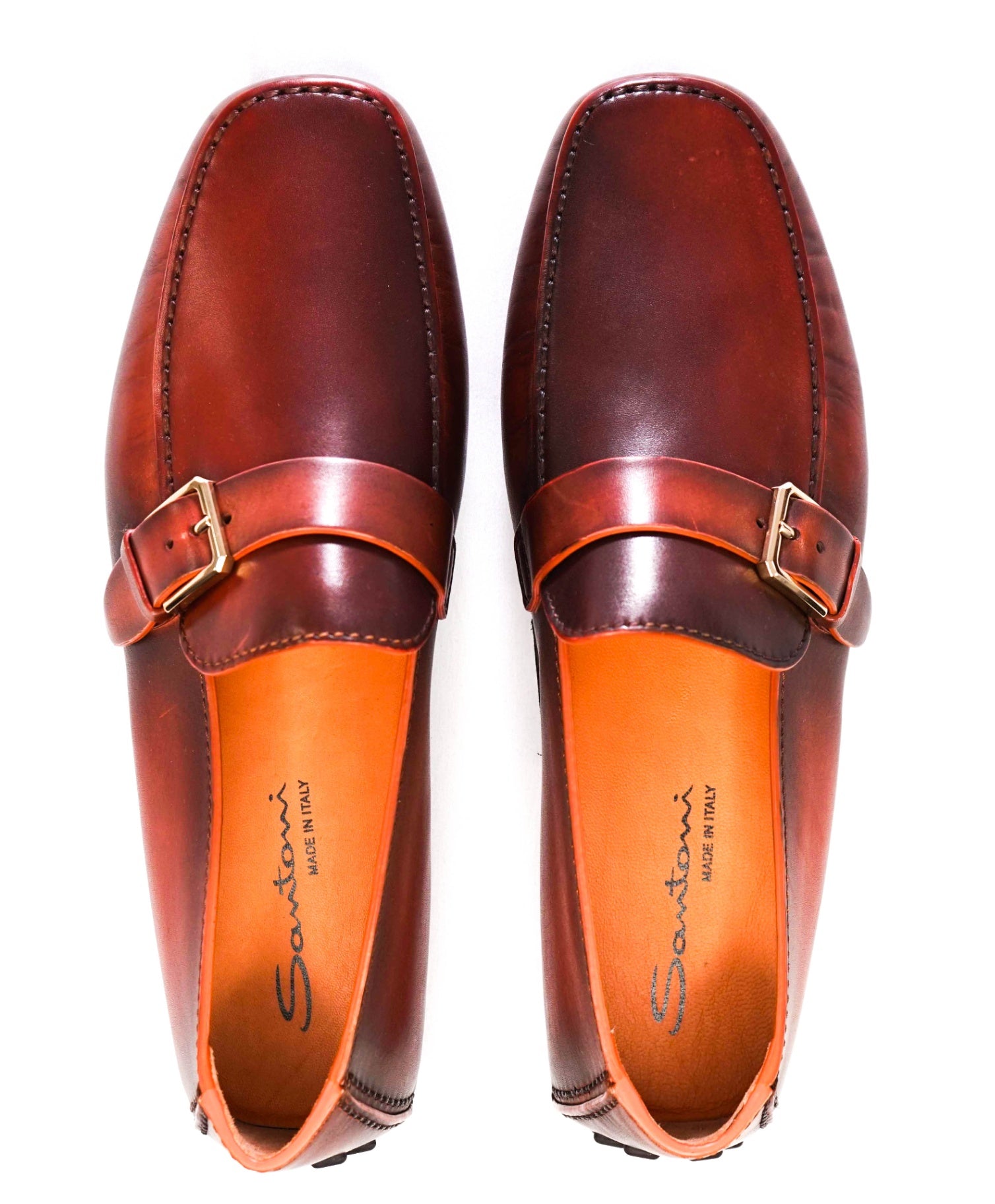 $750 Santoni BROWN / RED Patina Buckle Loafers Footwear U.S. 9 (8IT)