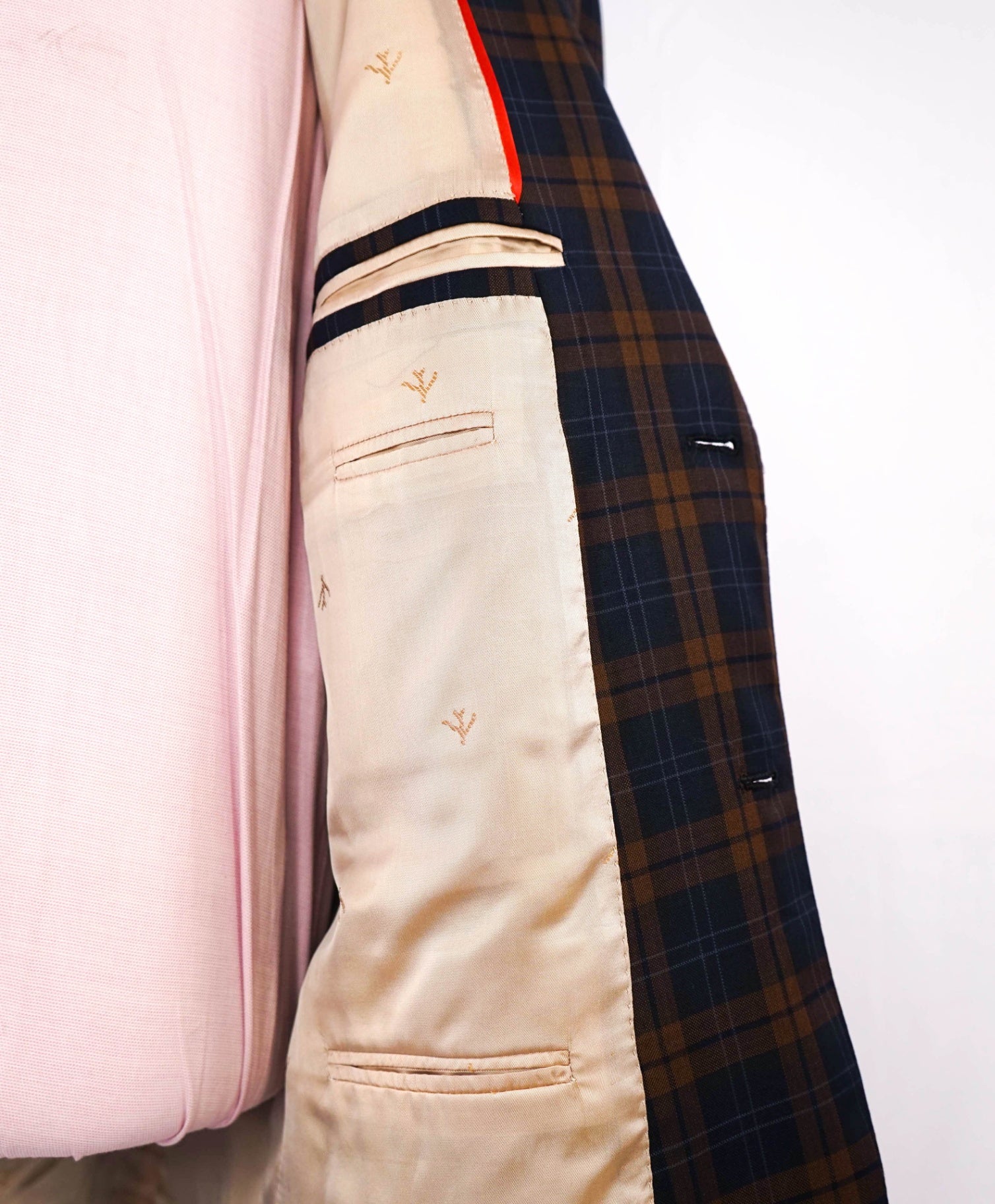 $,3,995 ISAIA Navy/Brown Plaid Check LOGO Wool Blazer 46R