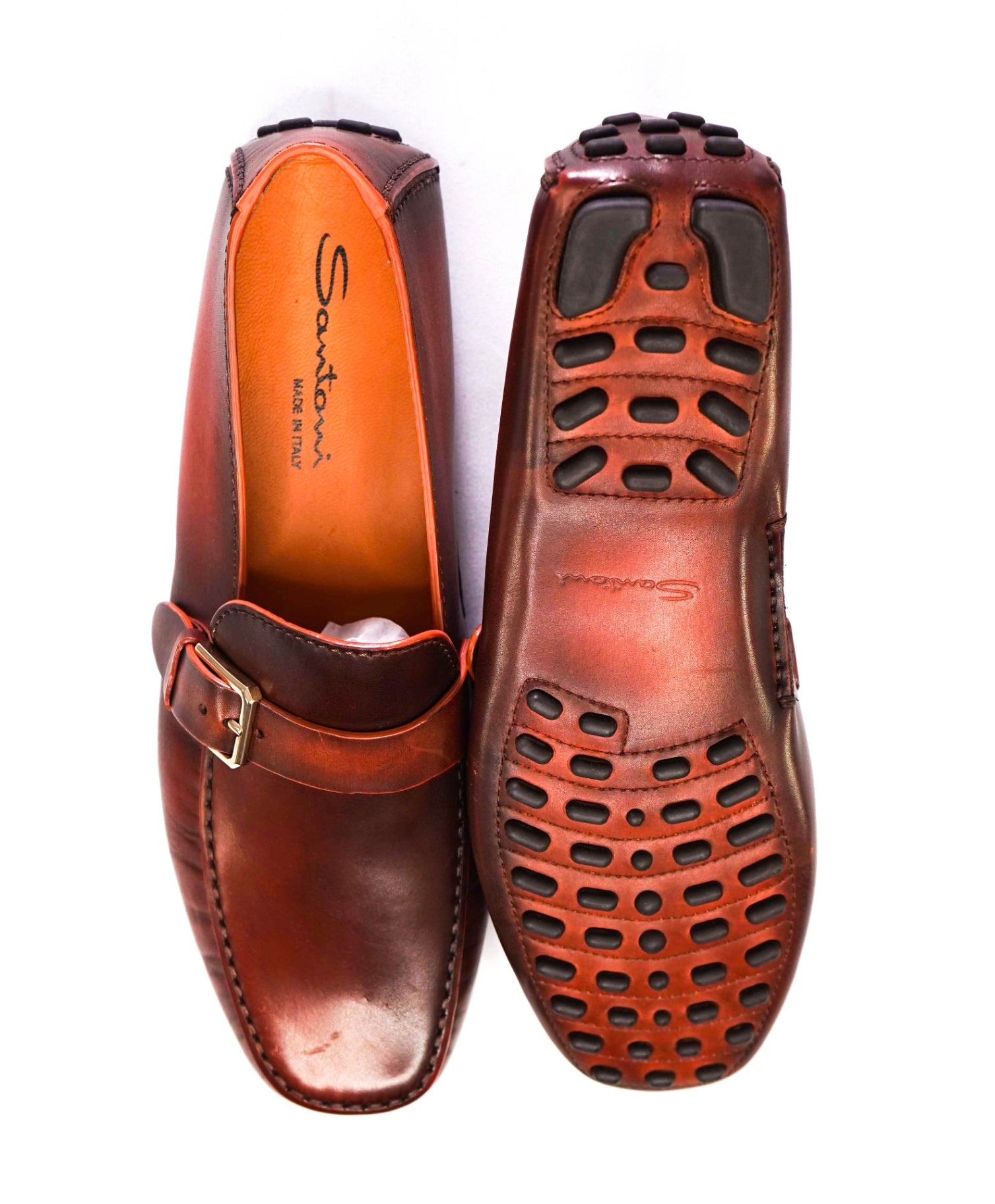 $750 Santoni BROWN / RED Patina Buckle Loafers Footwear U.S. 9 (8IT)