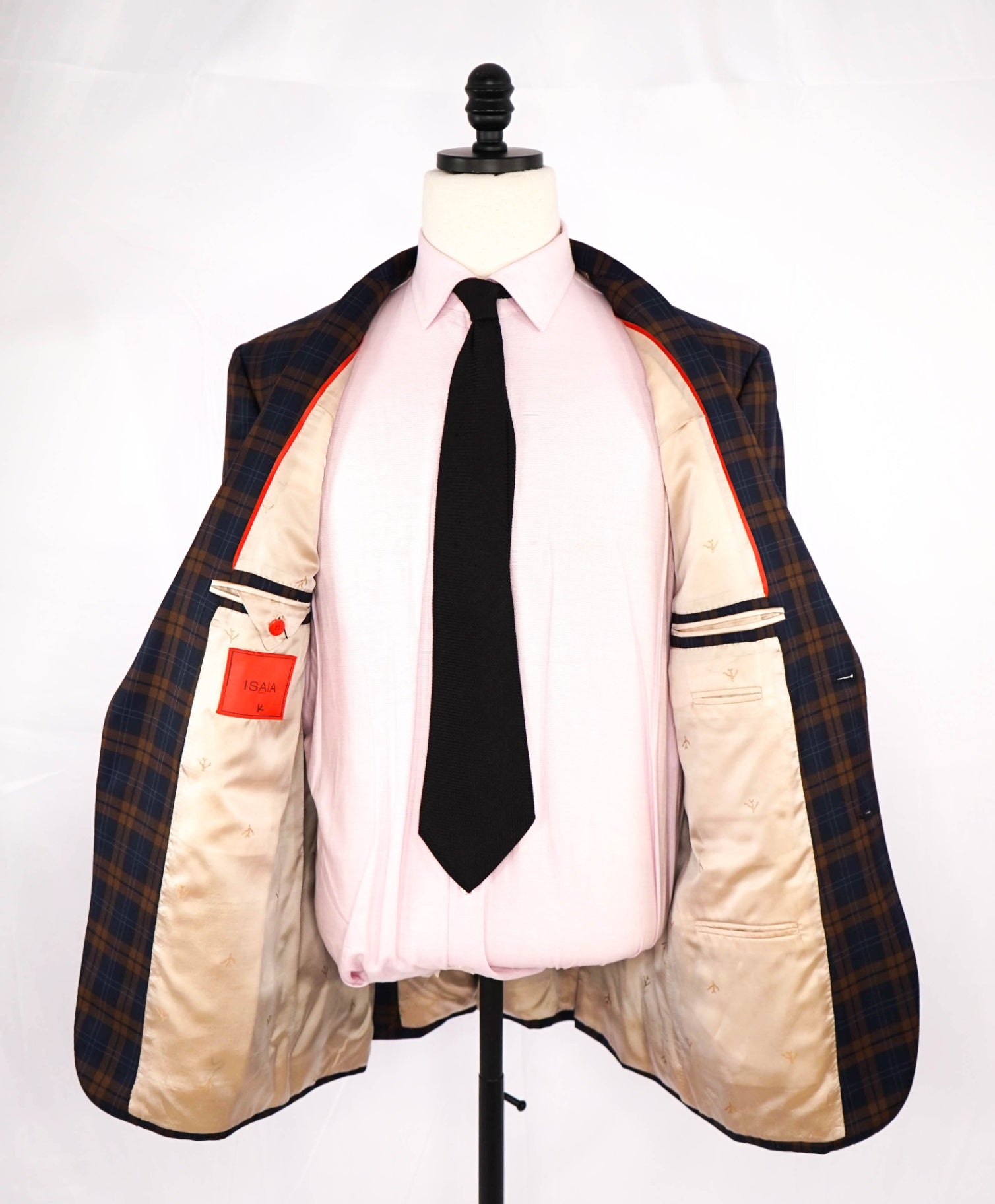 $,3,995 ISAIA Navy/Brown Plaid Check LOGO Wool Blazer 46R
