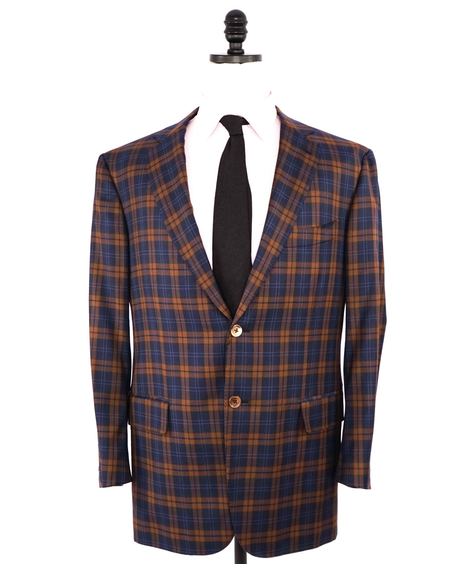 $,3,995 ISAIA Navy/Brown Plaid Check LOGO Wool Blazer 46R