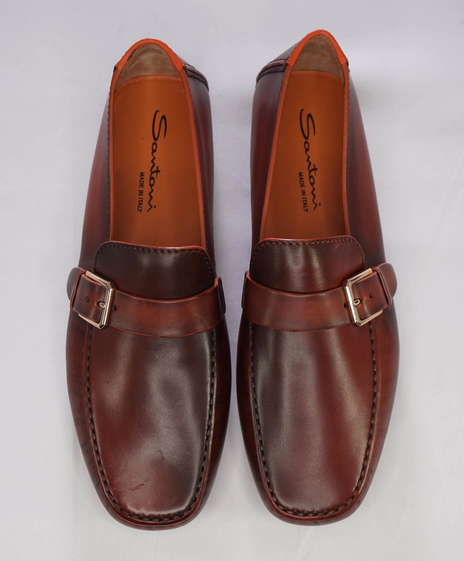 $750 Santoni BROWN / RED Patina Buckle Loafers Footwear U.S. 9 (8IT)