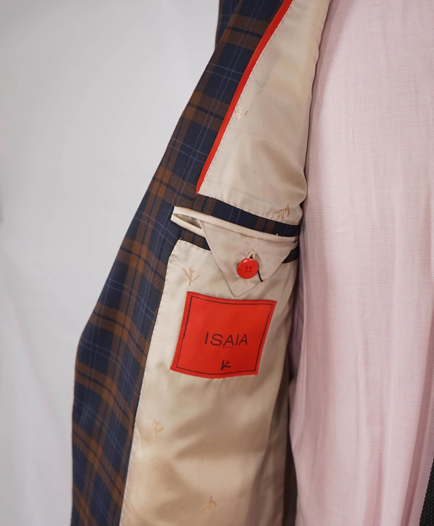 $,3,995 ISAIA Navy/Brown Plaid Check LOGO Wool Blazer 46R