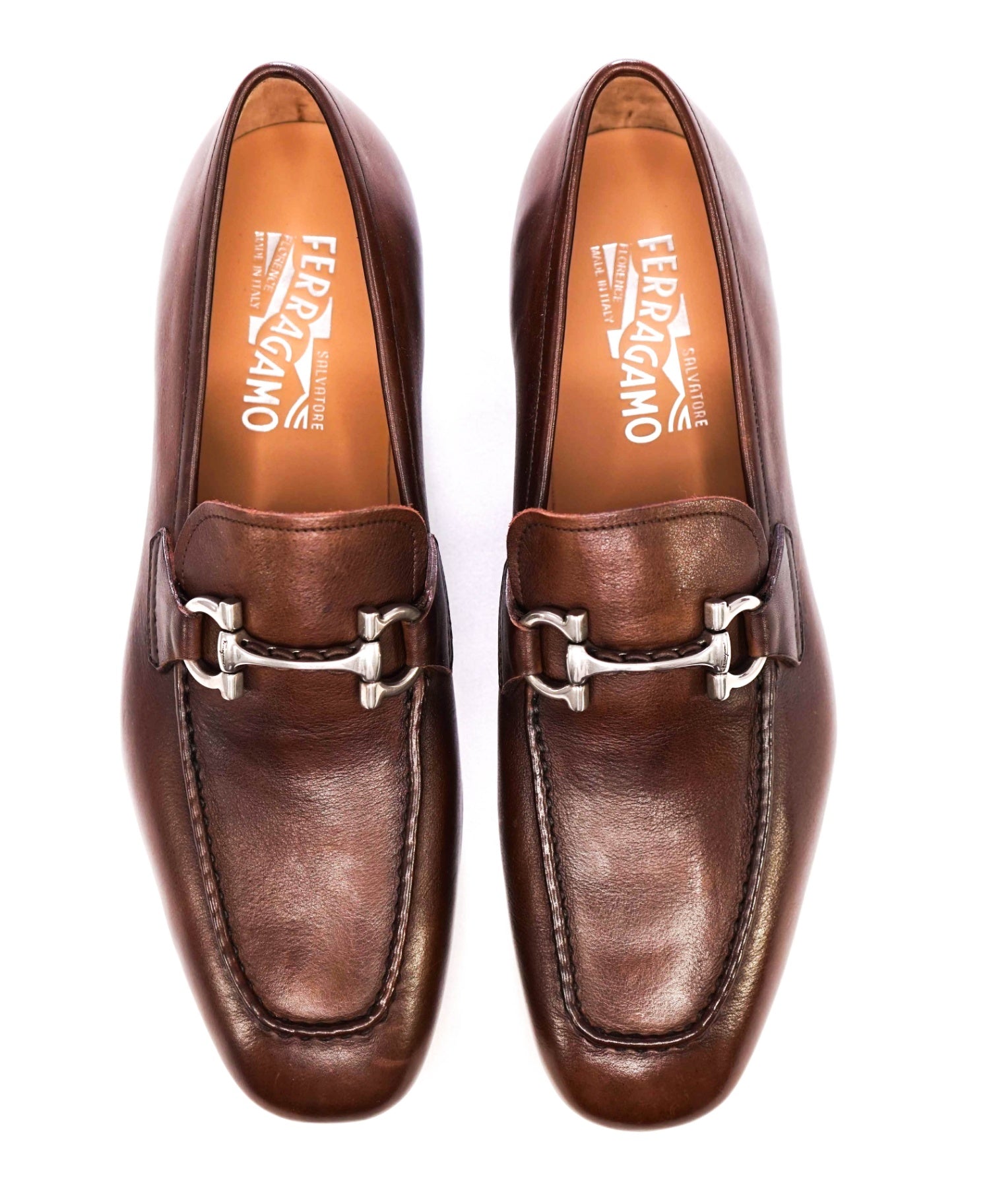 $850 Salvatore Ferragamo "STEVE" Brown/Silver Loafers Leather 9 EE