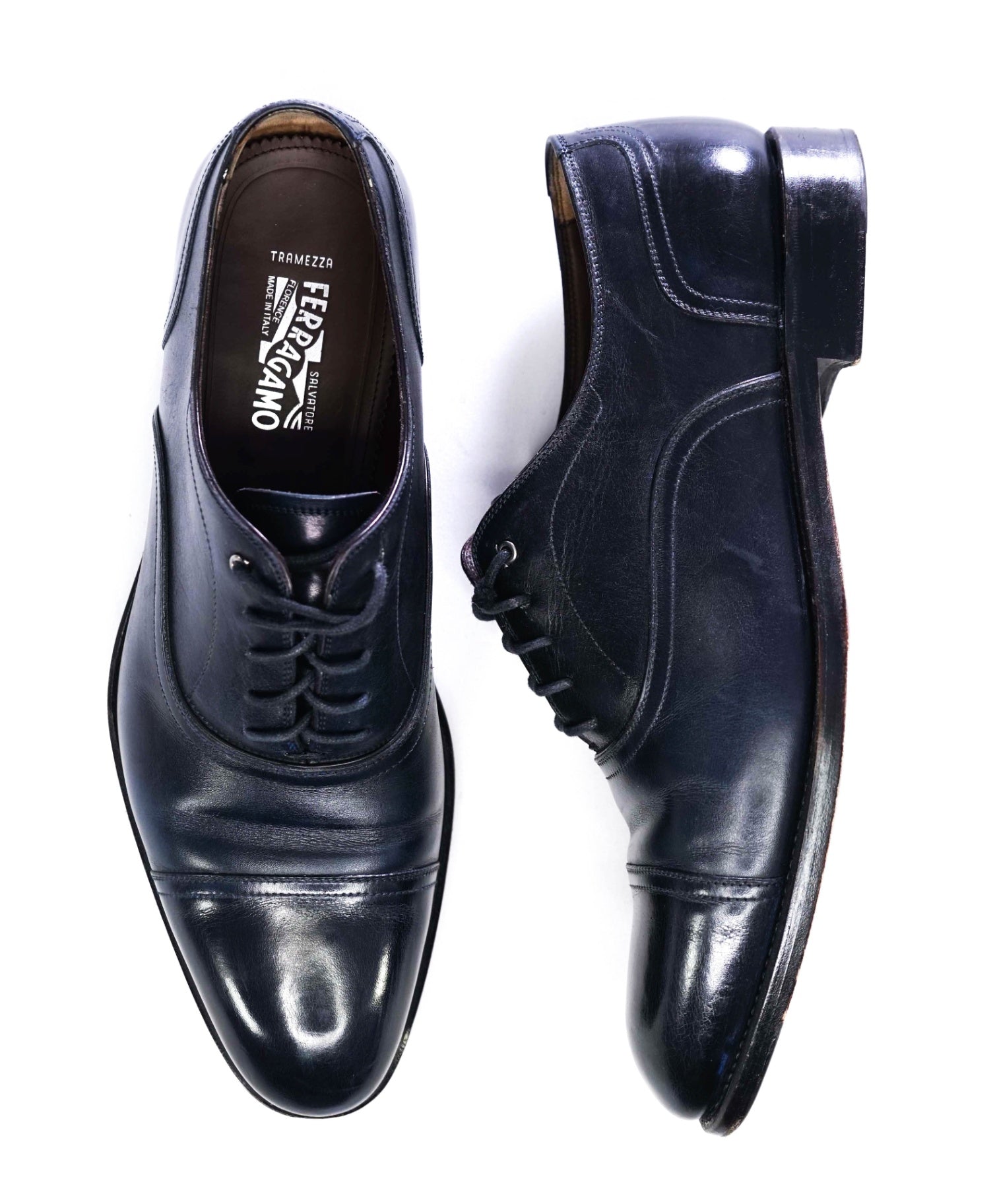 $1,395 Salvatore Ferragamo "Tramezza" Navy Oxfords Leather 10.5 EE