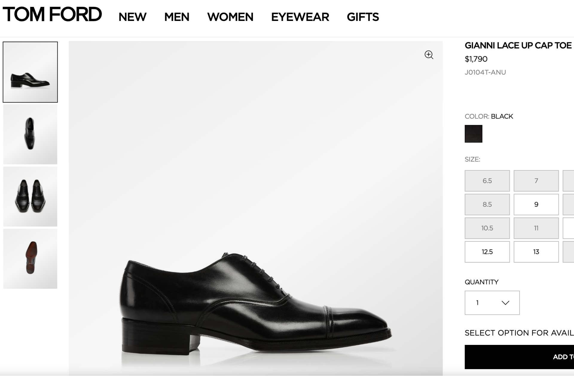 $1,790 TOM FORD Solid Black "ELKAN" Leather 10.5 US (10T)