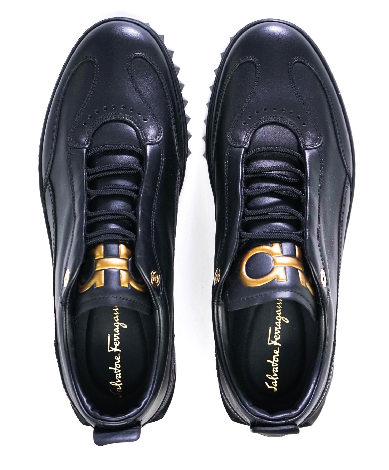 $800 Salvatore Ferragamo Black Sneakers Leather GOLD GANCINI 8.5 M