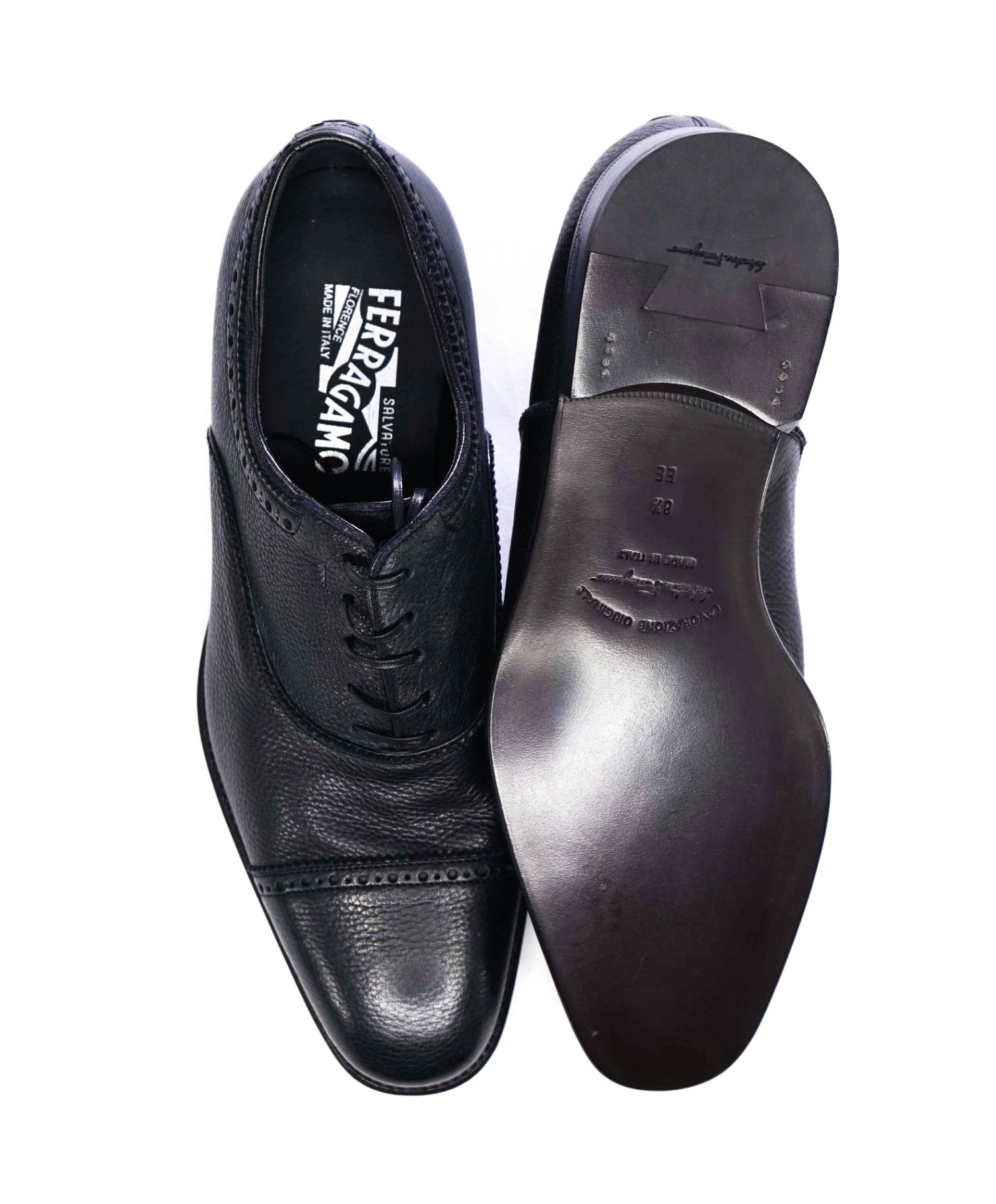 $950 Salvatore Ferragamo DEER SKIN Black Oxfords Leather 8.5 EE
